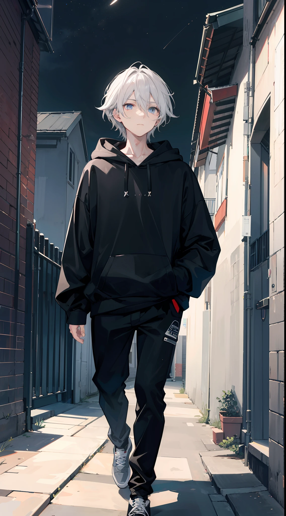 At night in a quiet alley there is a man wearing a black hoodie and long black pants, his hair and eyes are gray, standing looking up at the dark sky