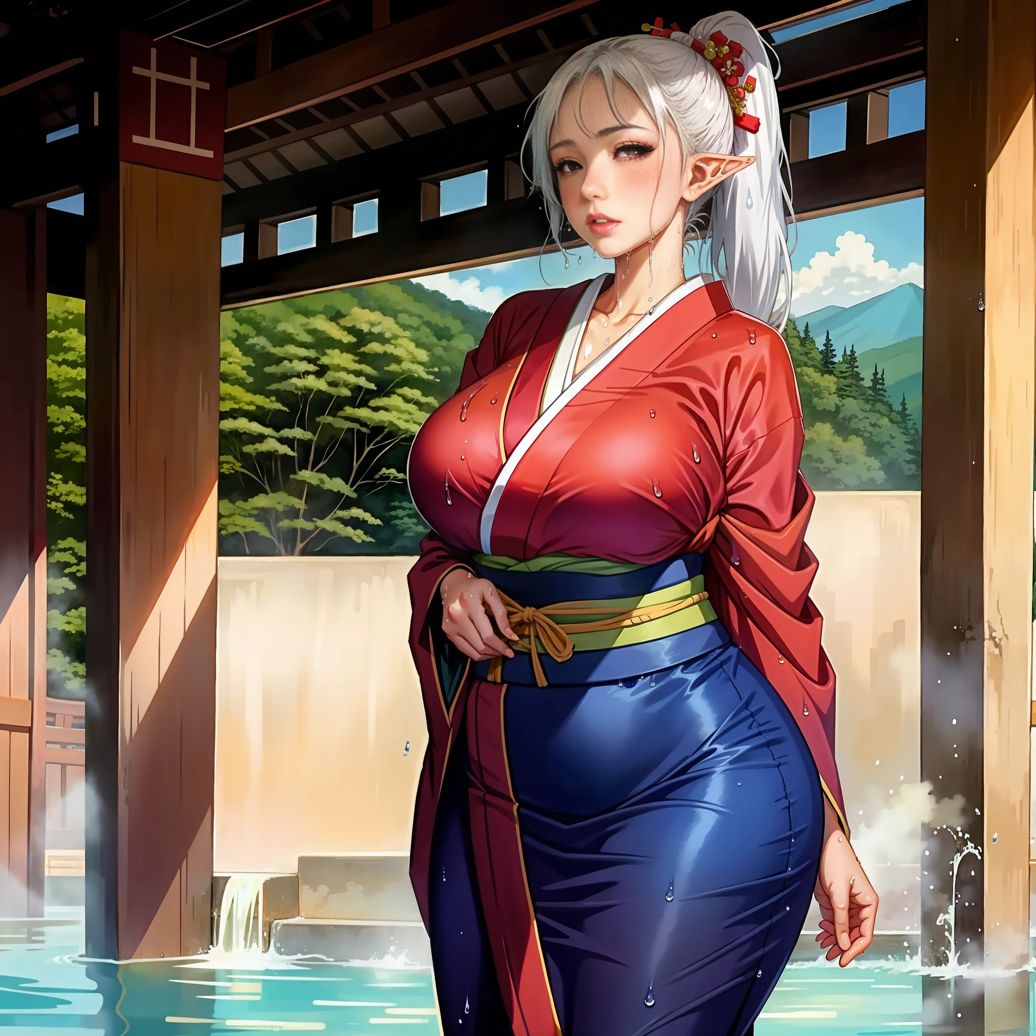 (masterpiece: 1.2, best quality), anime, (real image, intricate details, depth of field), (1girl, solo), perfect eyes, perfect face, perfect hands, perfect lighting, makeup, half-open lips, elf, elven ears, highly detailed, perfect face, (huge breasts: 1.4), (skindentation), thick thighs, wide hips, thin waist, high, bright coral lips, white hair, red eyes, big ponytail, (A girl, Japanese kimono,), (sweat: 1,2), (wet), sexy, blushing,
