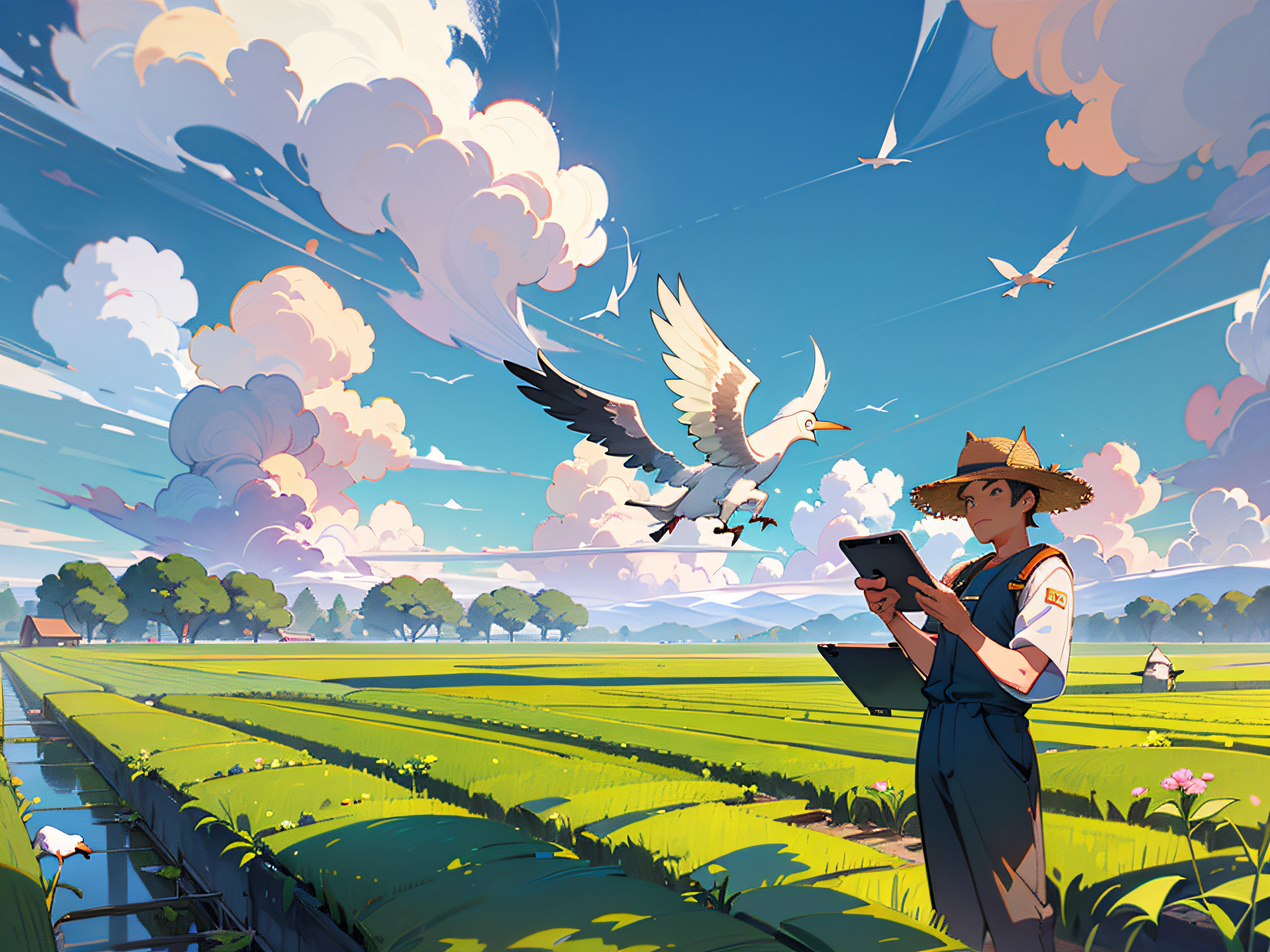 Green rice fields with flock of storks flying in the sky, a farmer uncle looking to sky, ((farmer uncle wearing engineer uniform)), wearing straw hat, two hand holding a ipad, huge background, beautiful sky with cloud