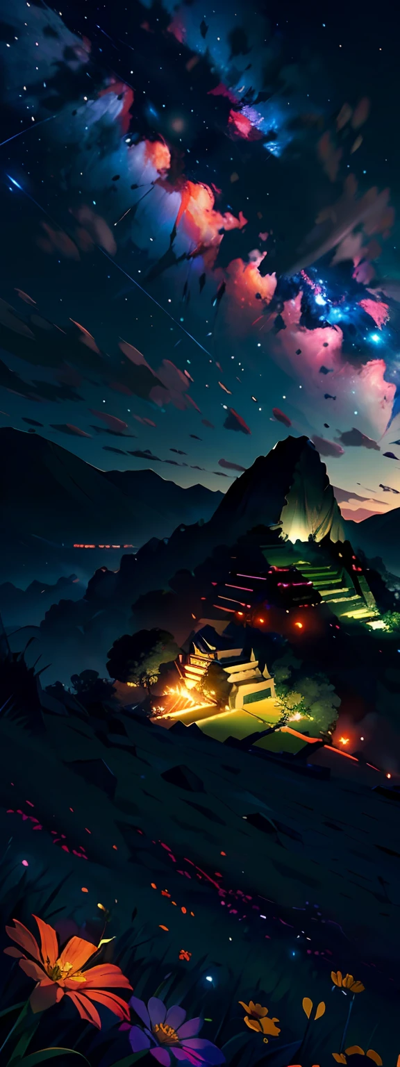 Expansive landscape photography, (view from below with a view of the sky and machupicchu below), girl standing in a field of flowers looking up, (full moon: 1.2), (shooting star: 0.9), (nebula: 1.3), distant mountain, treebreaking production art, (warm light source: 1.2), (firefly: 1.2), lamp, purple and orange, intricate detail, BREAK lighting volume (masterpiece: 1.2), (highest quality), 4K, ultra detailed, (dynamic settings: 1.4), very detailed and colorful details (iridescent: 1.2), (bright lighting, atmospheric lighting), dreamy, magical, (only: 1.2)