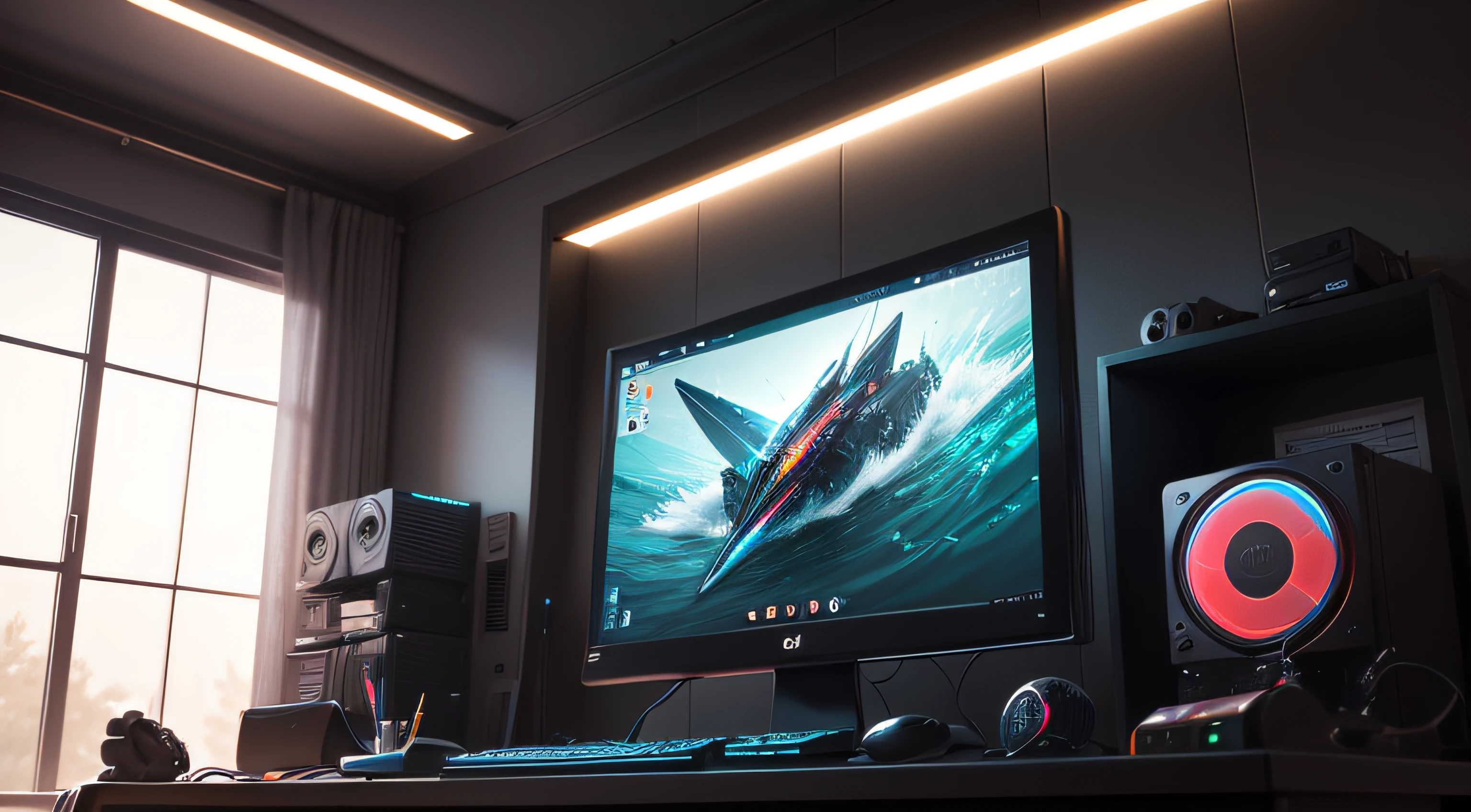 Imagine a captivating scene showcasing a variety of PC components, each exhibiting stunning visual effects without repeating the elements mentioned earlier. The overall view depicts a well-lit and clean environment, with a carefully curated selection of PC components arranged harmoniously. The components include cutting-edge graphics cards with customizable LED lighting that adds a touch of color and style to the PC interior. Cooling fans, with their streamlined blades and vibrant LED lights, bring the scene to life with their fluid, shimmering motion. Sleek and modern SSDs stand out for their speed and storage capacity, while high-end processors, with their state-of-the-art heat sinks, ensure exceptional performance and efficient cooling. The motherboard, with its attractive color scheme and well-placed connectors, serves as the central core that connects all the components. RAM modules, with their sleek design and customizable lighting profiles, add a touch of elegance and power to the ensemble. Together, these components create a symphony of technology and design, delivering an immersive and visually striking PC experience.