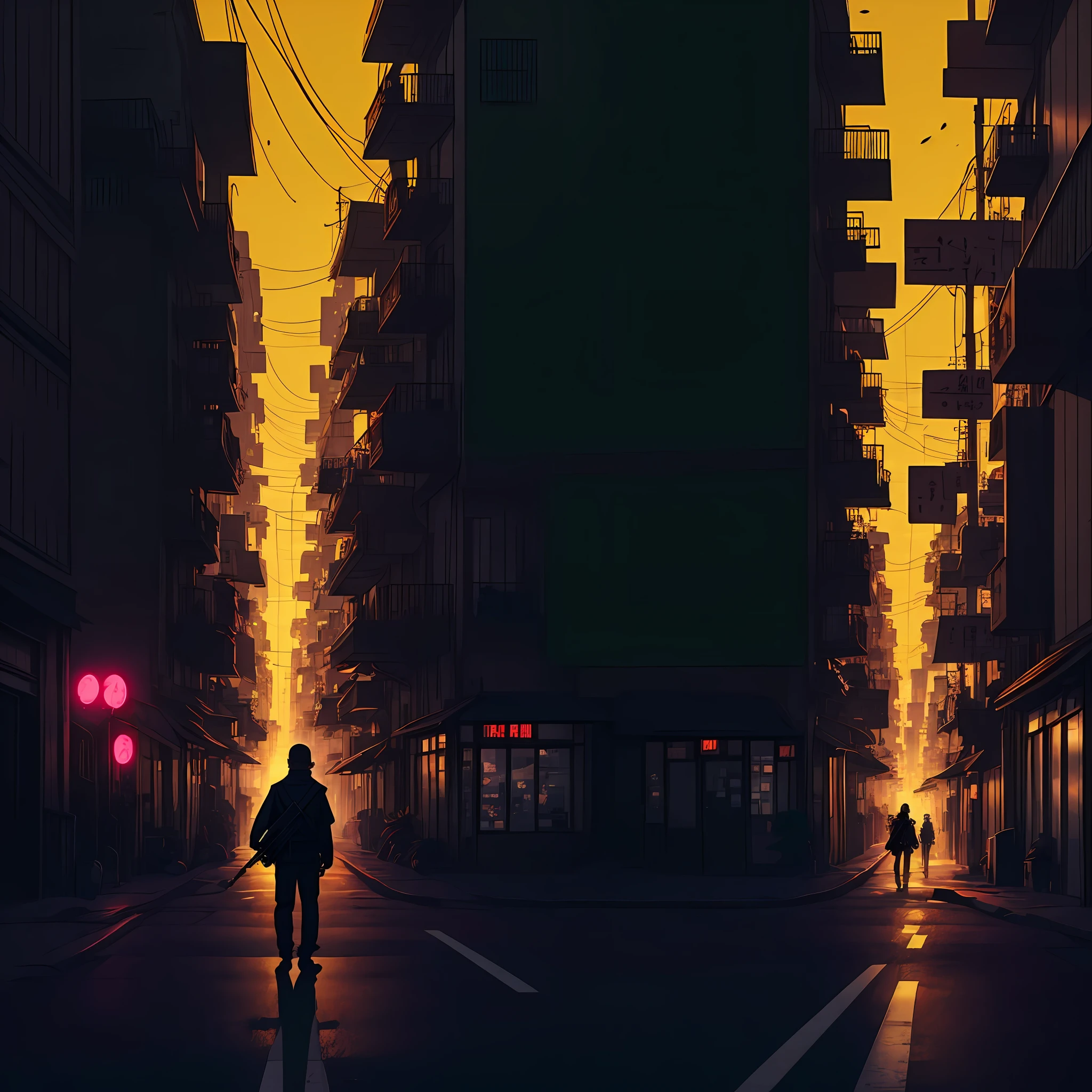 a person holding a gun on a city street, samdoesart, ((tatsuro yamashita)), sumai-e artstyle, artstyle hiraku tanaka, drawn in a neo - noir style, yukio - e, an edgy assassin, cell shaded cartoon, skin : tjalf sparnaay, samdoesarts --auto