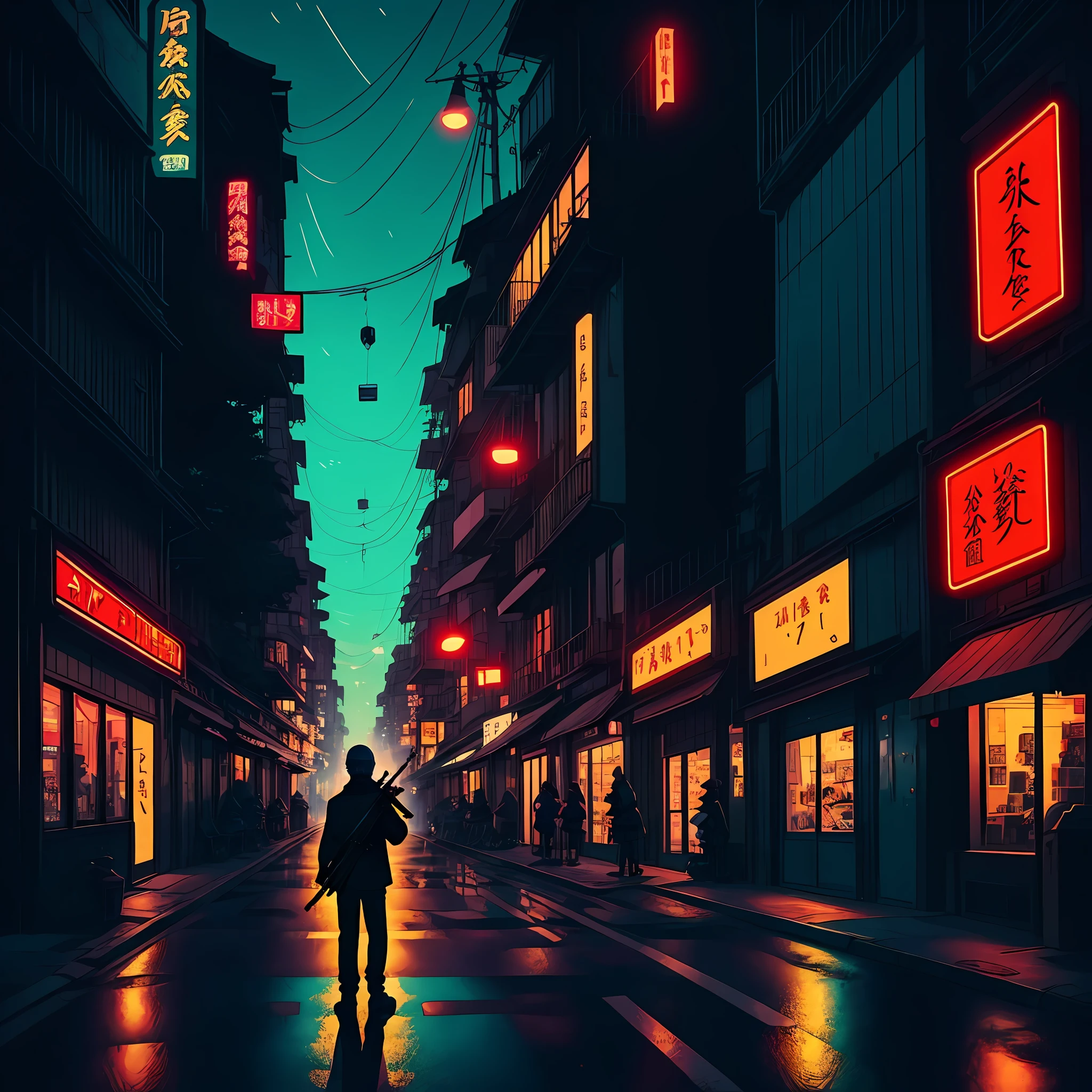 a person holding a gun on a city street, samdoesart, ((tatsuro yamashita)), sumai-e artstyle, artstyle hiraku tanaka, drawn in a neo - noir style, yukio - e, an edgy teen assassin, cell shaded cartoon, skin : tjalf sparnaay, samdoesarts --auto