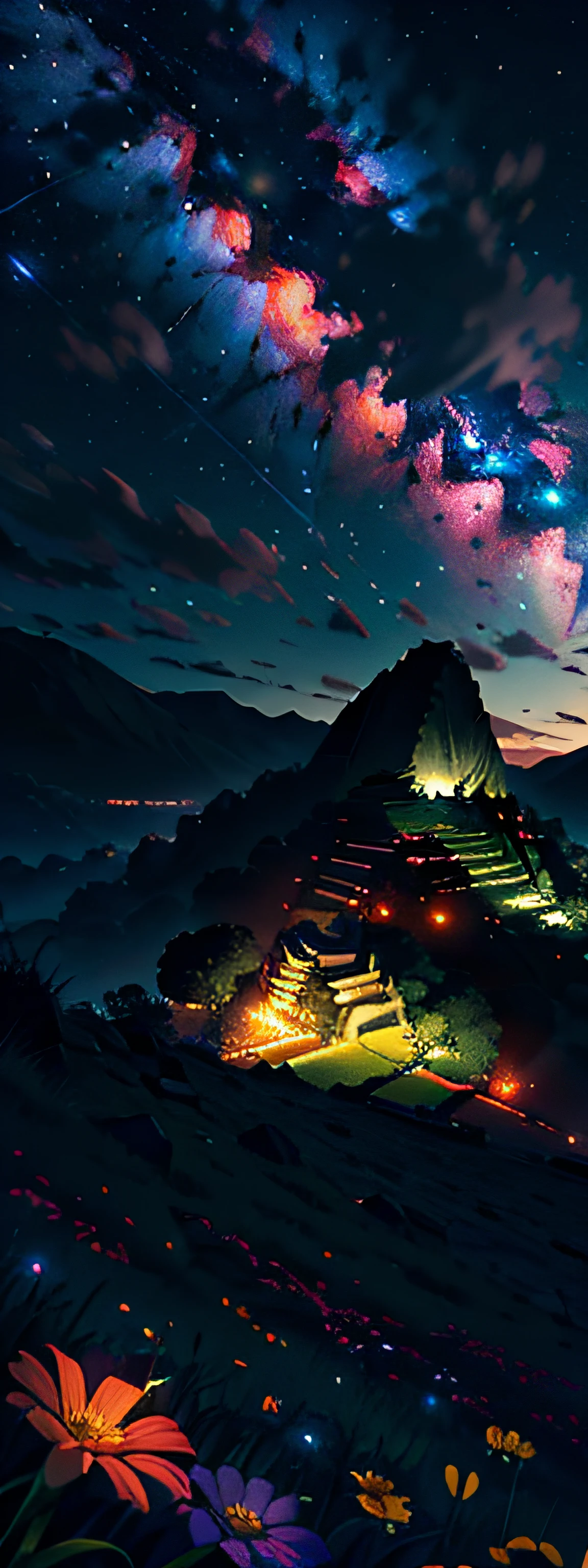 Expansive landscape photography, (view from below with a view of the sky and machupicchu below), girl standing in a field of flowers looking up, (full moon: 1.2), (shooting star: 0.9), (nebula: 1.3), distant mountain, treebreaking production art, (warm light source: 1.2), (firefly: 1.2), lamp, purple and orange, intricate detail, BREAK lighting volume (masterpiece: 1.2), (highest quality), 4K, ultra detailed, (dynamic settings: 1.4), very detailed and colorful details (iridescent: 1.2), (bright lighting, atmospheric lighting), dreamy, magical, (only: 1.2)