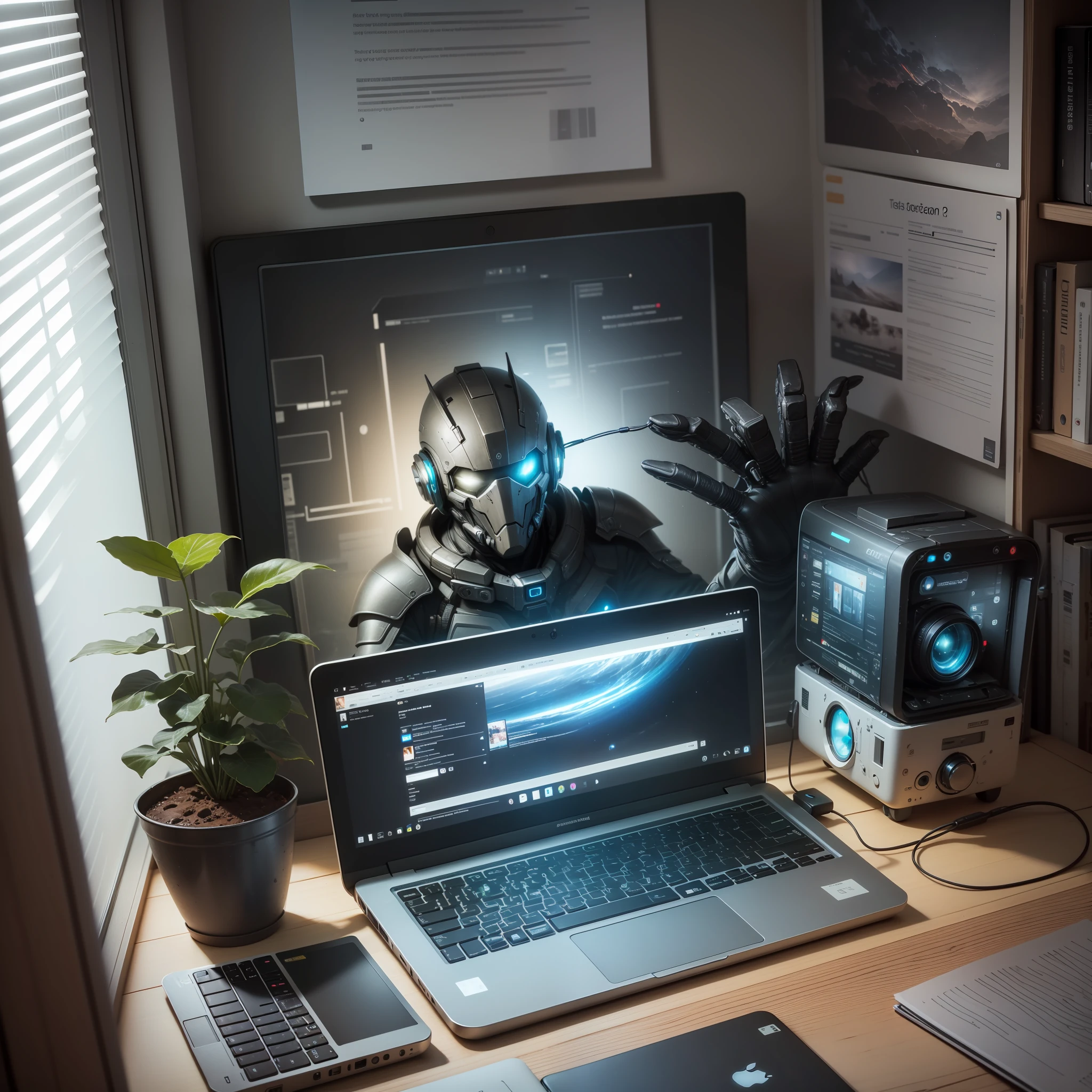 Photograph, sci-fi, laptop computer on desk, hand coming out of screen from inside computer
