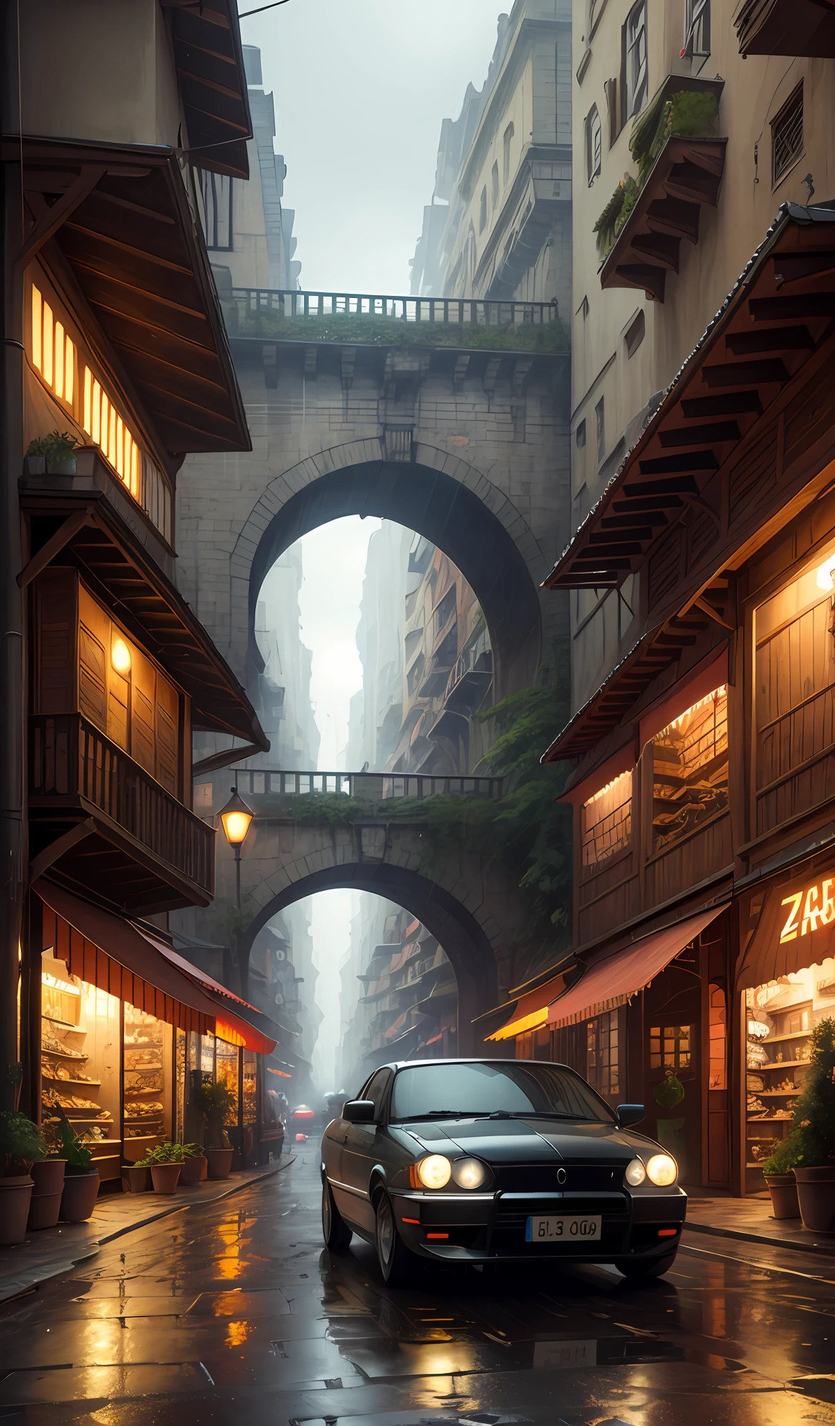 ((masterpiece)),((best quality)),((high detail)),((realistic,)) lowered car, zom, deep gorges in the middle, architectural streets, bazaars, bridges, rainy days, steampunk, european architecture