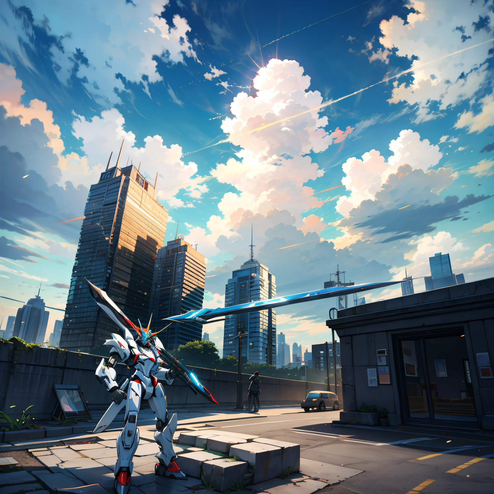 Sky, clouds, holding_weapon, no_humans, glow, robots, buildings