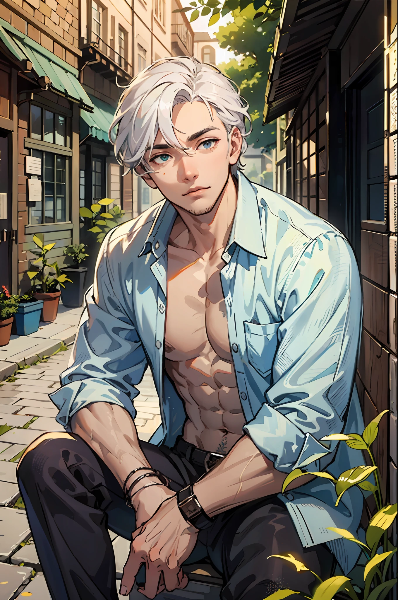 masterpiece, best quality, 1 male, adult, tall muscular, handsome, finely detailed eyes, intricate details, white hair, background is back alley, detasiled sunlight, sitting, Little cats are gathered next to him, dappled sunlight, day, depth of field, plants, summer