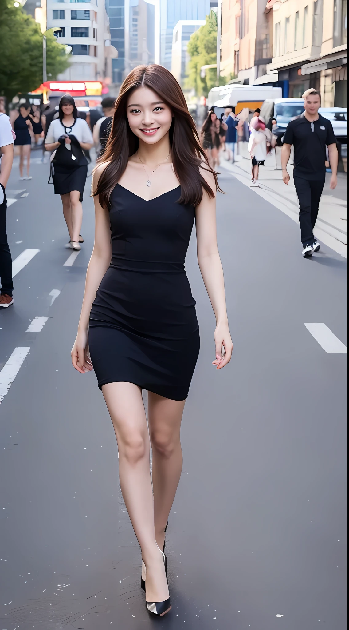 ((Best quality, 8k, Masterpiece :1.3)), 1girl, smiling, full body, slim face, Pretty woman, (Dark brown hair), full length dress :1.1, Ultra-detailed face, Detailed eyes, Double eyelid, blur background, slim face, city, outside, street,