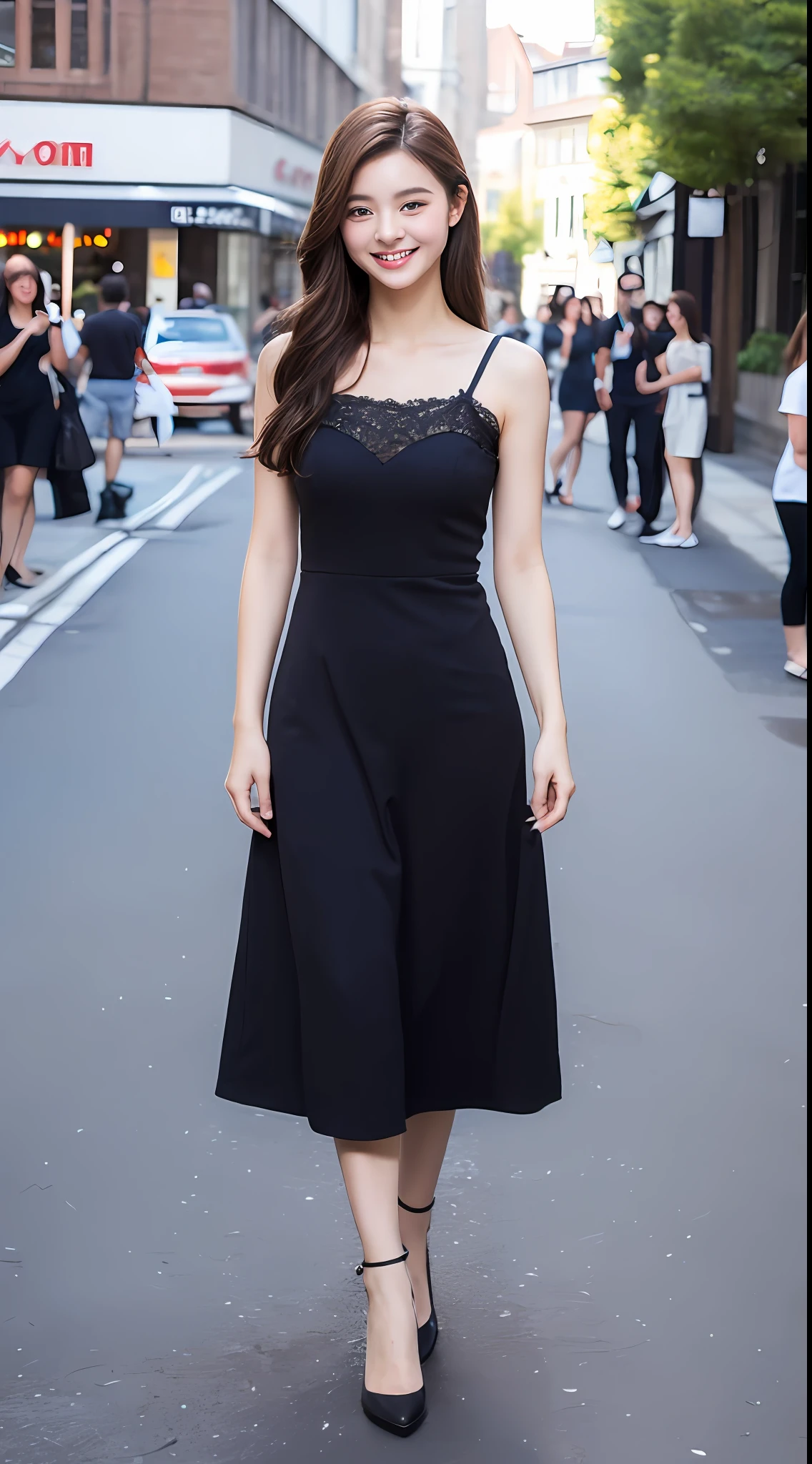 ((Best quality, 8k, Masterpiece :1.3)), 1girl, smiling, full body, slim face, Pretty woman, (Dark brown hair), full length dress :1.1, Ultra-detailed face, Detailed eyes, Double eyelid, blur background, slim face, city, outside, street,
