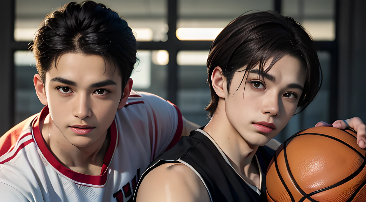 (all two men), very handsome muscular two young men in their 20's, they wear the same Basketball uniforms, holding a basketball , mischievous smile, (small details: 1 in 1), natural muscles, higher quality, beautiful eye, (Detailed face and eyes), (face、: 1 of 2), noise, real pictures、... ...PSD, Sharp Focus, High Resolution 8k, Real & Professional Photography, 8K UHD, Soft Lighting, High Quality, Film Grain, FUJIFILM XT3