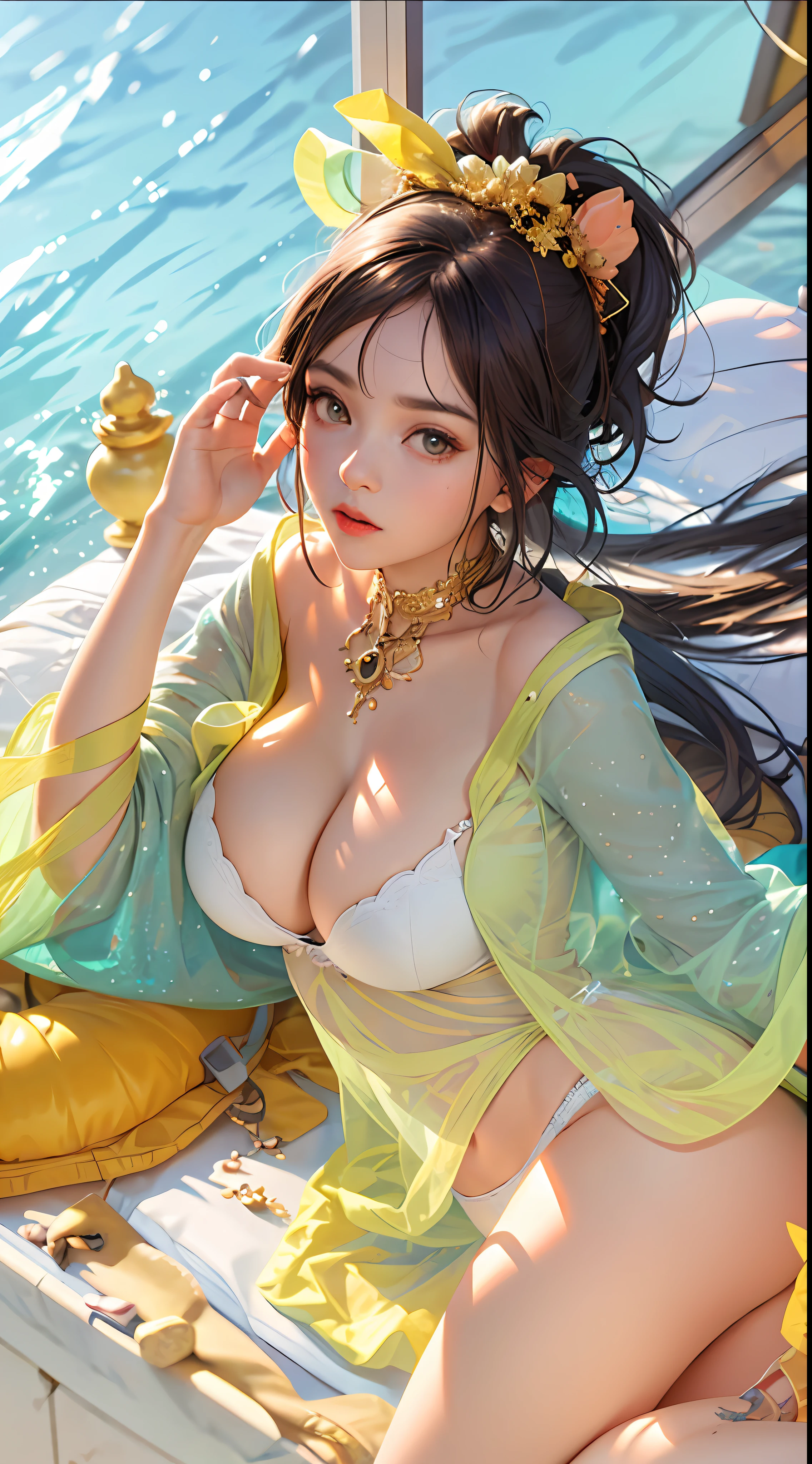 (Big Eyes 1.5), (Cute), (Perfect Body 1.5), (Huge Breasts 1.5), (Huge cleavage 1.5), (Exposed Breasts), (Sheer Underwear), Breasts Larger Than Torso, Crazy Bloated Breasts, Ill-fitting Clothes, Snow-White Skin, Style Art Germ, Extremely Detailed Art Germ, IG Model, (Best Quality), Ultra Detailed, Ultra Realistic, Octane Renderer, High Dynamic Range, (HDR), 32K Resolution, Super Resolution, Megapixels, Tyndall effect, lens flare, shadow, backlight, depth of field, natural lighting, hard focus, film grain, mirror hologram, ray tracing,