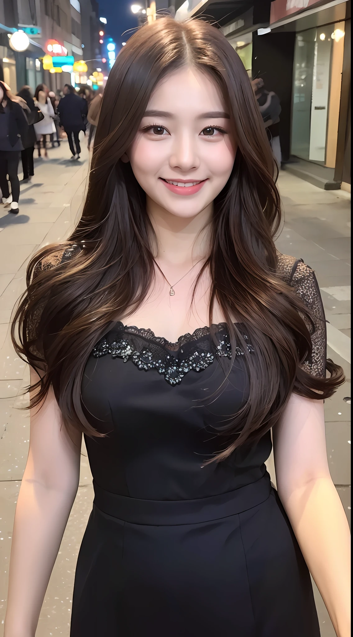 ((Best quality, 8k, Masterpiece :1.3)), 1girl, smiling, full body, slim face, Pretty woman, (Dark brown hair), full length dress :1.1, Ultra-detailed face, Detailed eyes, Double eyelid, blur background, slim face, city, outside, street,