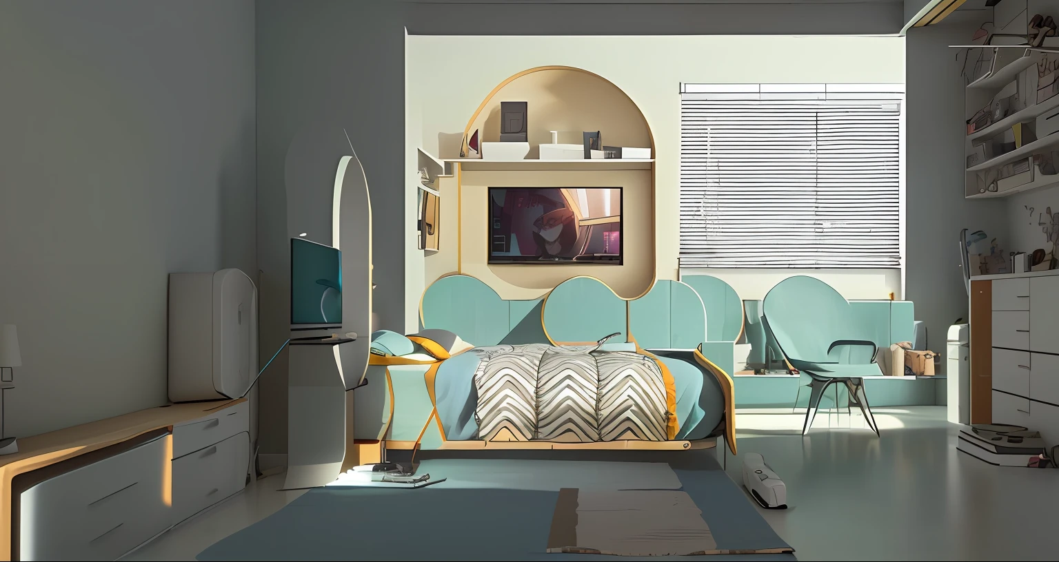 there is a room with a bed, a desk, and a television, cyberpunk childrens bedroom, detailed set design, set design, 2 d render, concept eclectic, inside of a bedroom, in style of 3d render, cyberpunk teenager bedroom, flat 2 d, concept illustration, furniture concept photo!!, in a cyberpunk themed room, interior of a small room --auto