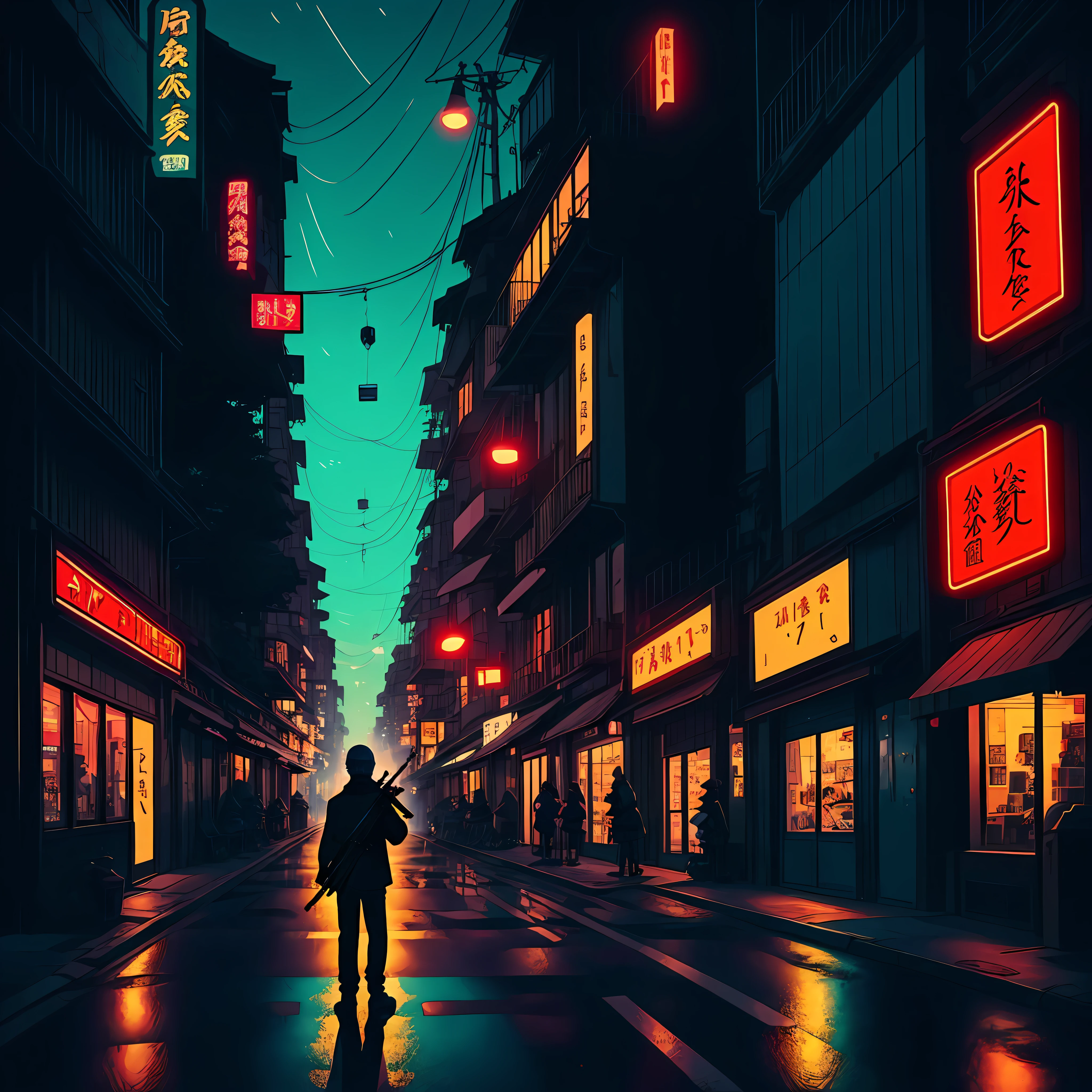 a person holding a gun on a city street, samdoesart, ((tatsuro yamashita)), sumai-e artstyle, artstyle hiraku tanaka, drawn in a neo - style, yukio - e, an edgy teenassinell shaded cartoon, skin : tjalf sparnaay, samdoesarts --auto