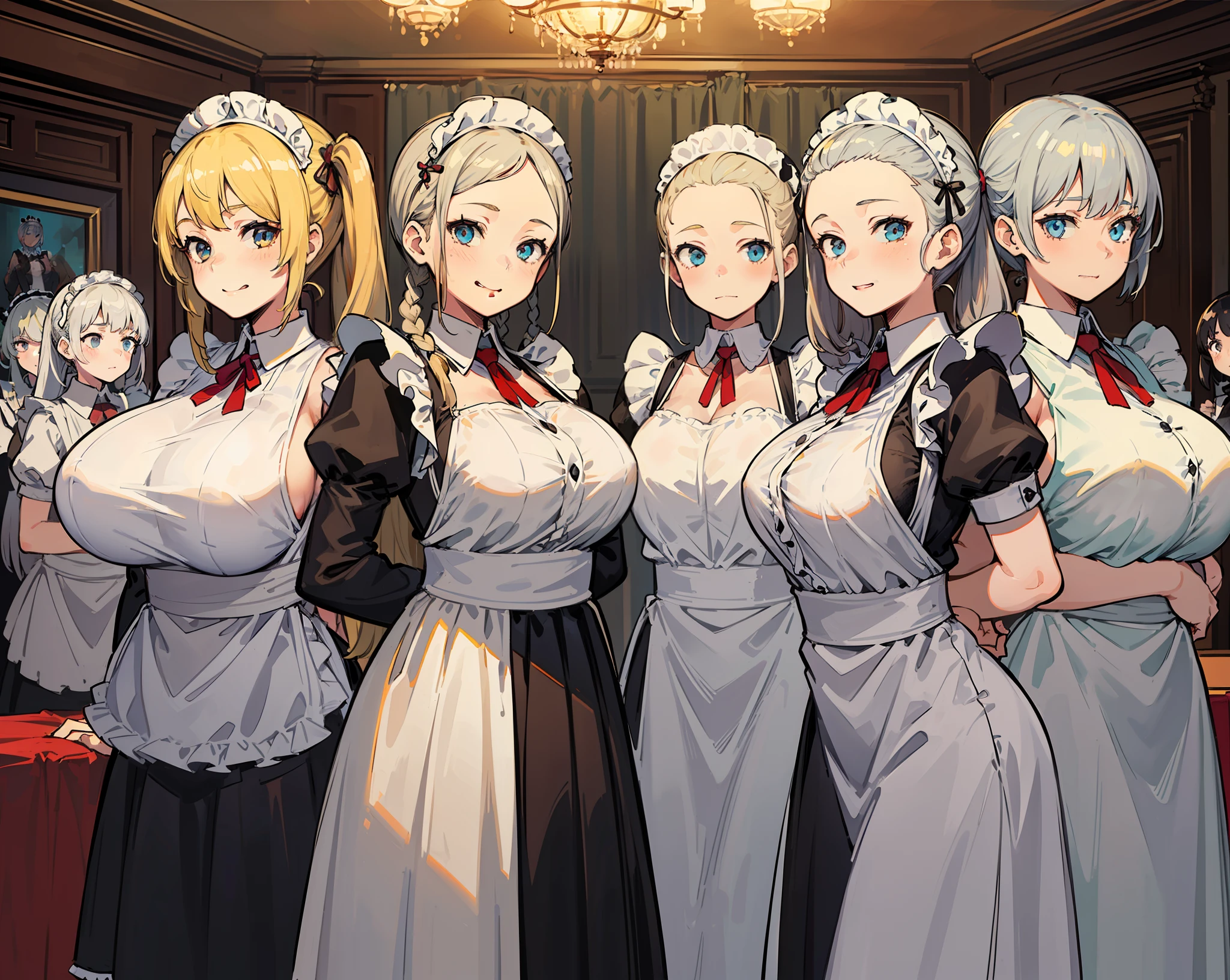 (Masterpiece), Top Quality, (10 girls, group photo:1.4), Beautiful body, ((Huge breasts))),(Huge breasts),(Saoping breasts))))), (White skin)), Blonde hair, Silver hair, Twin tails, Braids, Forehead, ((Slouch)), ((Slouch)), (grinning face))),(Hands behind back), ((Maid clothes)), (Bedroom),