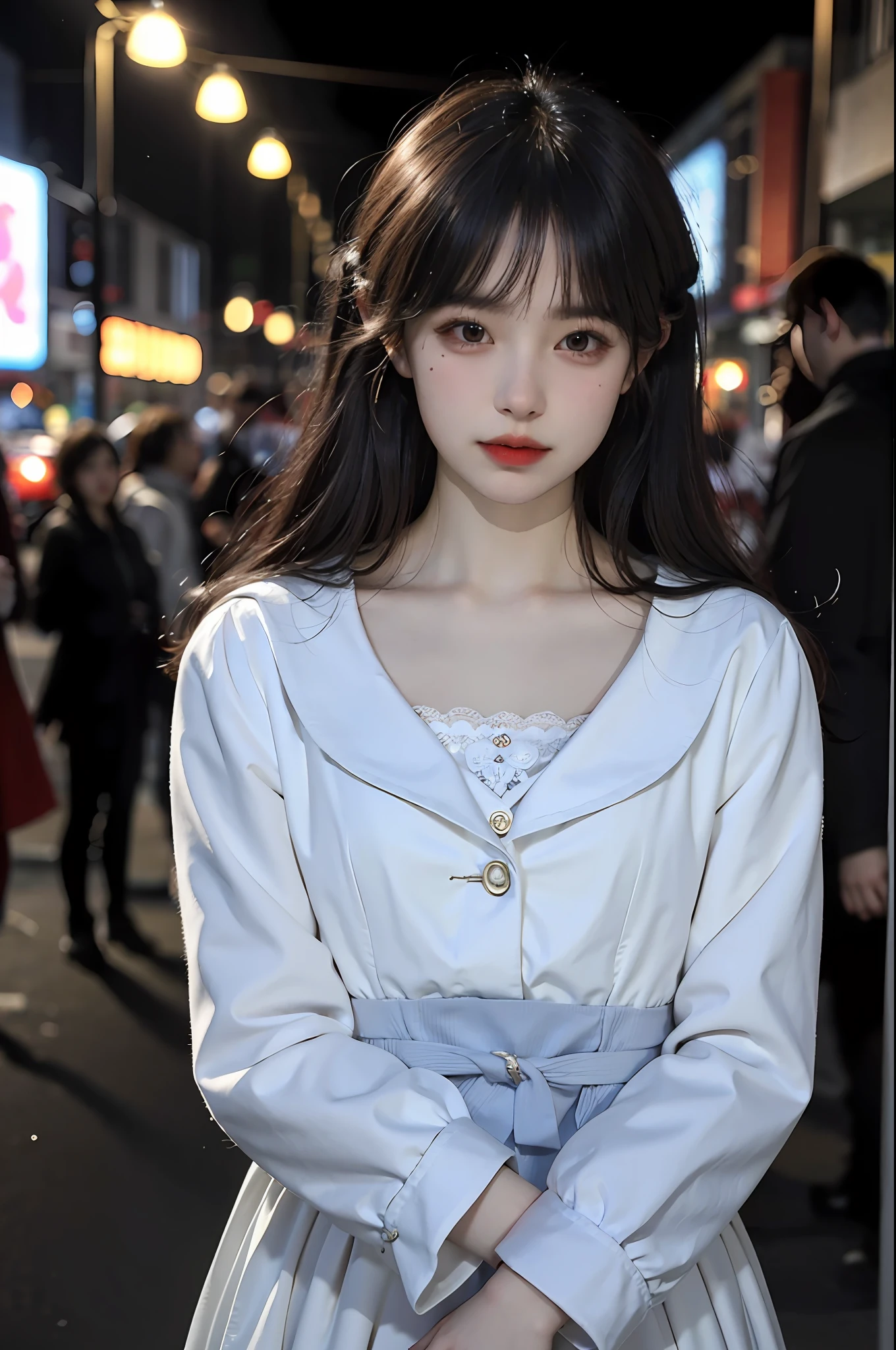 (8k, best quality, masterpiece: 1.2), (realistic, realistic, photorealistic: 1.37), 1 girl, hyper detail, beautiful detail eyes, beautiful detail nose, (((1girl)), Lolita dress, 7 minutes shot, sad, night, street, lights, hair fluttering in the wind, open lips, cold, melancholy