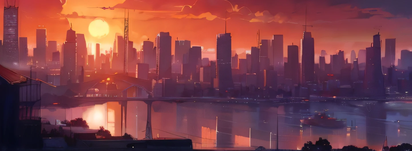 sunset over city with river and bridge, city sunset, city in background, city vista at sunset, city in background, city in background, city background, art. Alena Ainami, Distant City, Dusk City Background, Author: Alena Ainami, Background Art Artwork, Cityscape, HD Anime Cityscape, Anime Style Cityscape