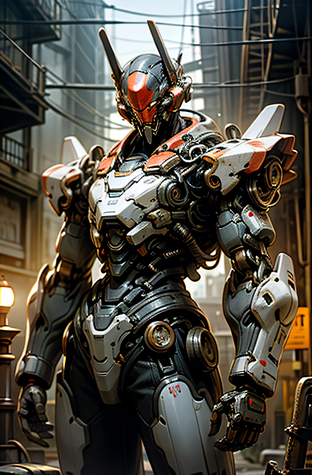 8K wallpapers, ultra-detailed works, cinematic lighting, realistic photos, Dark_Fantasy, Cyberpunk, (chain saw, chain saw man, Red: 1.1), 1man, Mechanical marvel, Robotic presence, Cybernetic guardian, wearing a worn-out mech suit , intricate, (steel metal [rust]), elegant, sharp focus, photographed by greg rutkowski, soft lighting, vibrant colors, masterpiece, ((street)), cowboy shot, dynamic pose,