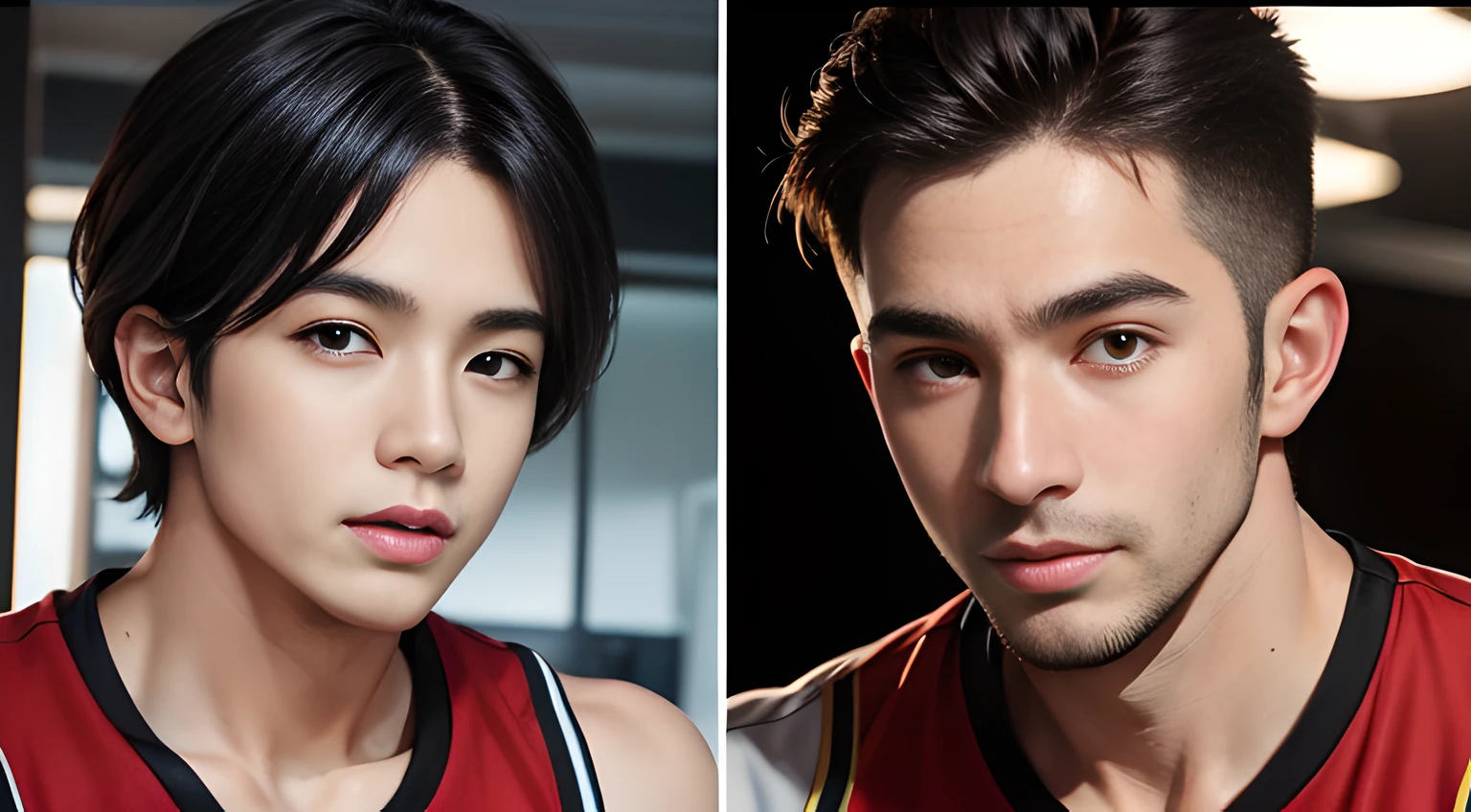(all two men), very handsome muscular two young men in their 20's, they wear the same Basketball uniforms, holding a basketball , mischievous smile, (small details: 1 in 1), natural muscles, higher quality, beautiful eye, (Detailed face and eyes), (face、: 1 of 2), noise, real pictures、... ...PSD, Sharp Focus, High Resolution 8k, Real & Professional Photography, 8K UHD, Soft Lighting, High Quality, Film Grain, FUJIFILM XT3
