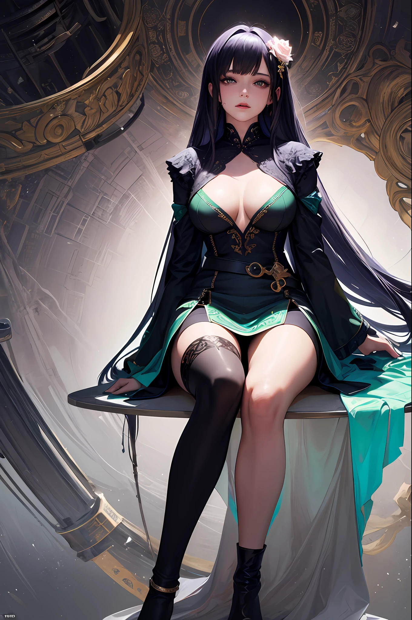 1 girl, beautiful face, seductive expression, long purple hair, flowing, bangs, blue pupils, red face, slightly open lips, white tight hip skirt (black and green lines on both sides of the skirt), black tunic belt, black stockings (length to upper knee), white booties (wrapped to the ankles), graceful sitting posture, full body, front view, from below, detailed clothing details, dynamic angle, terminal harem, realistic, edge lighting, masterpiece 8k UHD, DSLR, high quality, high resolution, 8k, bokeh, absurd, gorgeous background, sci-fi background, futuristic background, background detail detailed, masterpiece, high quality, (masterpiece, top quality, best quality, official art, beauty and aesthetics: 1.2), (1girl: 1.3), very detailed, (fractal art: 1.1), (color: 1.1) (flowers: 1.3), most detailed, (zentangle: 1.2), (dynamic pose), (abstract background:1.3), (shiny skin),