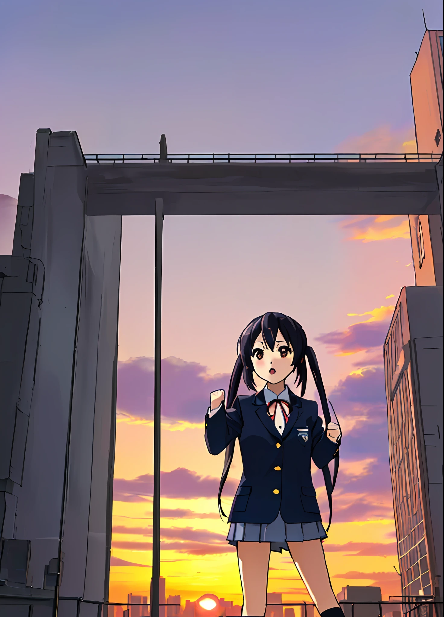 1girl, ((((Masterpiece))), Best Quality, Best Quality, High Detail, Azusa Nakano, 1girl, Sakuragaoka High School Uniform, Musical Instrument, School Uniform, Twin Tails, Long Hair, Black Hair, Brown Eyes, Solo, Red, Dark blue blazer with a thin ribbon of red, Solid white button shirt under blazer, Illustration, Cartoon, Soothing tones, Muted colors, Soft cinematic light, Adobe Lightroom, Photo Lab, HDR, complex and highly detailed, (((depth of field))))). (((Masterpiece))). (((highest quality))).) ((super detail))). (((Illustration))). (((fighting stance))).,((((Gigantic))).dynamic focus. (((skyscrapers))). (((Cityscape))). (((Despair Face))). open mouth. (((Sunset))). (((Sunset))). (((clench fists))). (((Proud))). (((small breasts))).