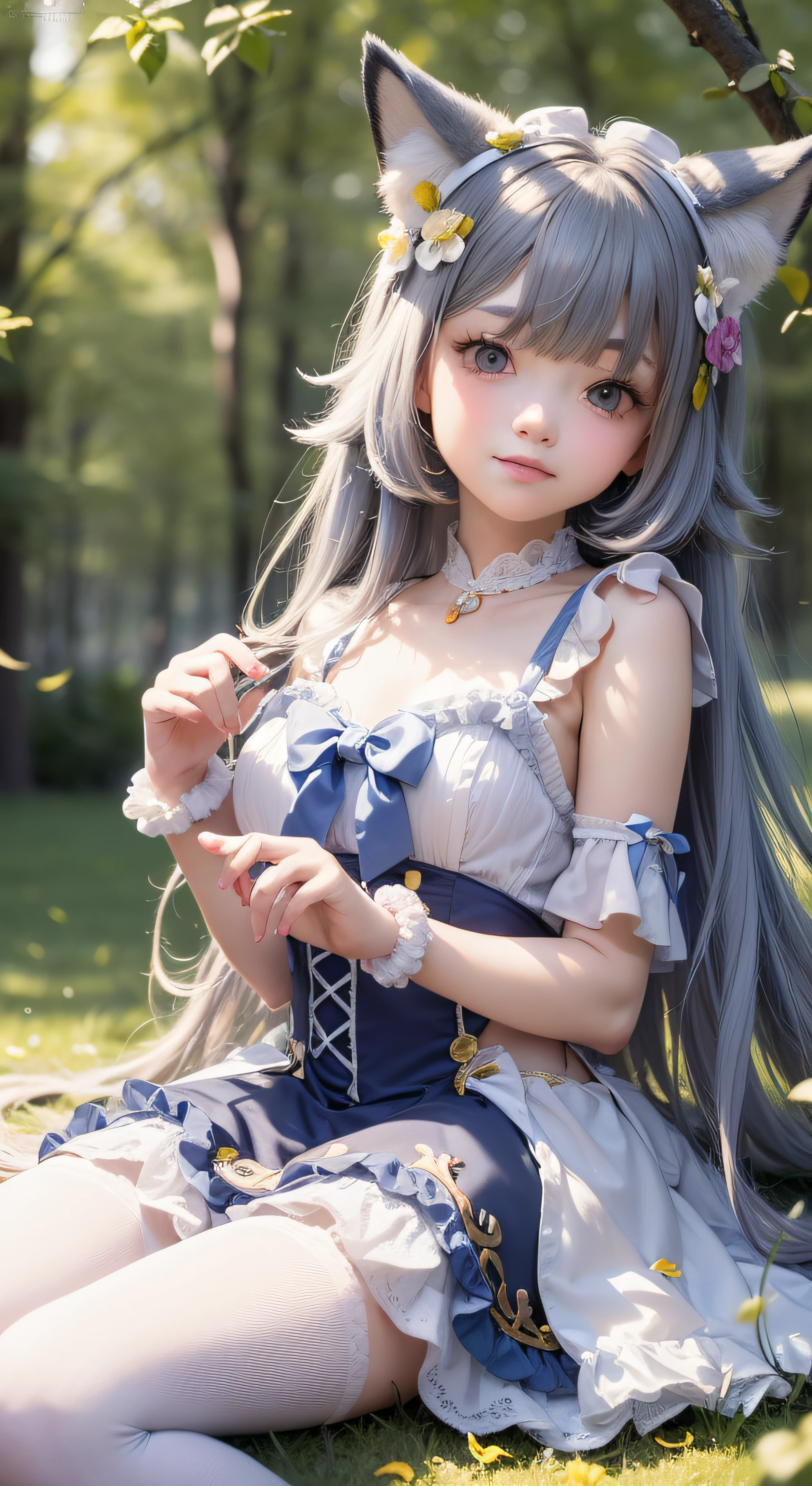 (16k ultra-fine CG wallpaper, HD masterpiece, excellent picture quality, super fine texture), (excellent light and shadow, delicate and beautiful), (real smooth skin), (jewel-like sparkling eyes), (18K close-up), 1girl, solo, (full body: 1.1), sitting on a branch, outdoor, blue hair, animal ears, animal ear hair, fox girl, sleeveless shirt, princess dress, stockings, mid-chest, fantasy, magical, flower, masterpiece, best quality, ray tracing, tyndall effect, depth of field, blurred background, Blur foreground, light particles, reflected light, edge light, bloom effect.