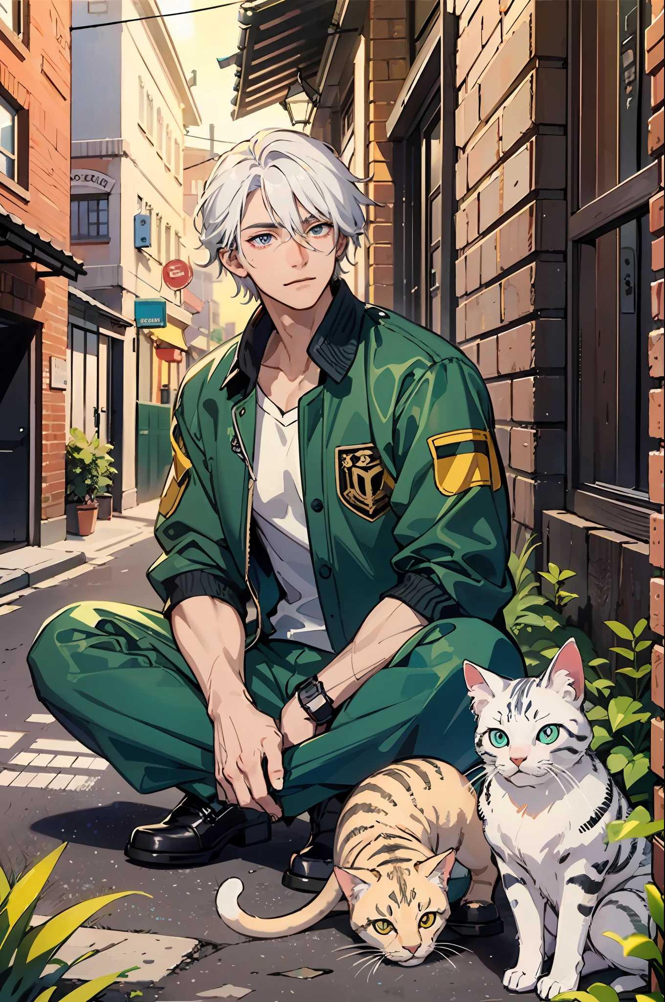 masterpiece, best quality, 1 male, adult, tall muscular, handsome, finely detailed eyes, intricate details, white hair, background is back alley, detasiled sunlight, sitting, Little cats are gathered next to him, dappled sunlight, day, depth of field, plants, summer