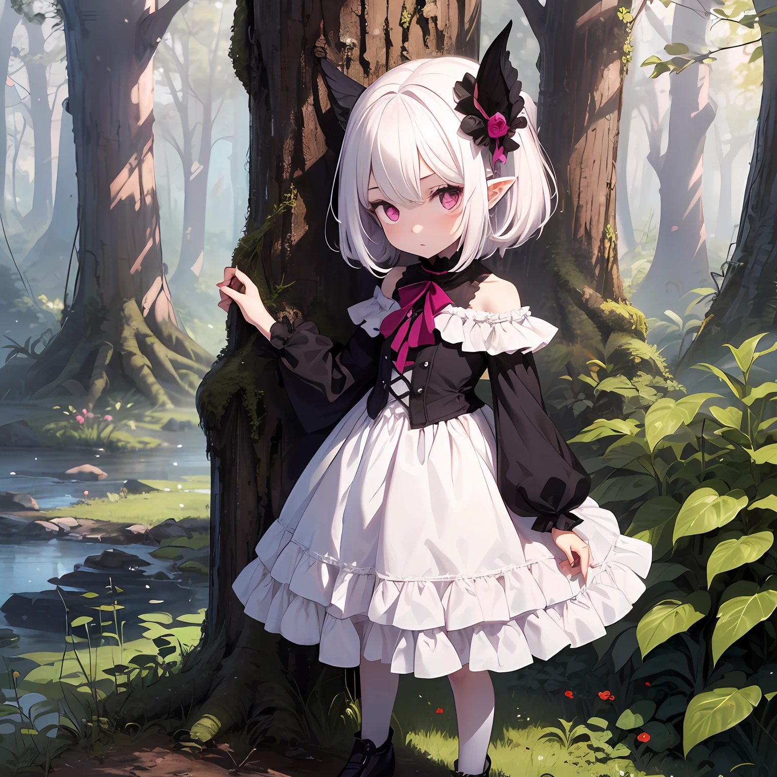 4-year-old girl, gargoyle, shoulder-length short white hair, pale skin, magenta eyes, pointed ears, rich girl Victorian white dress, black head ornaments, innocent and shy look, standing in a forest