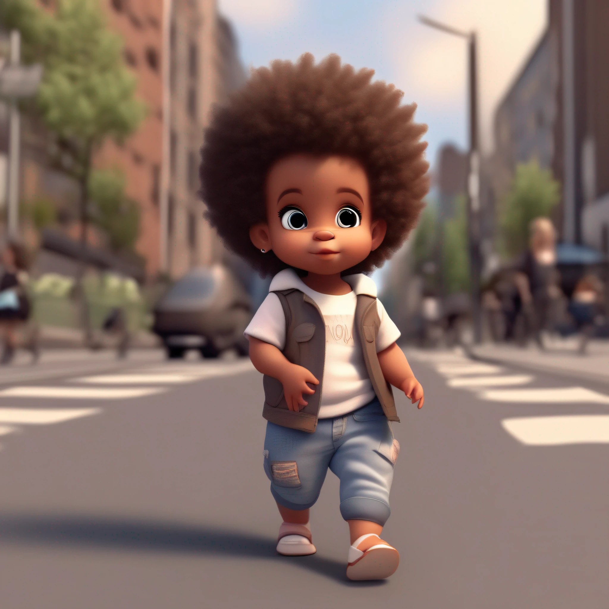 Chibi a 9 month old afro baby walking on a city street, clean photo, best quality, pixar style, curly hair, 8k, wearing summer clothes, T-shirt and jeans