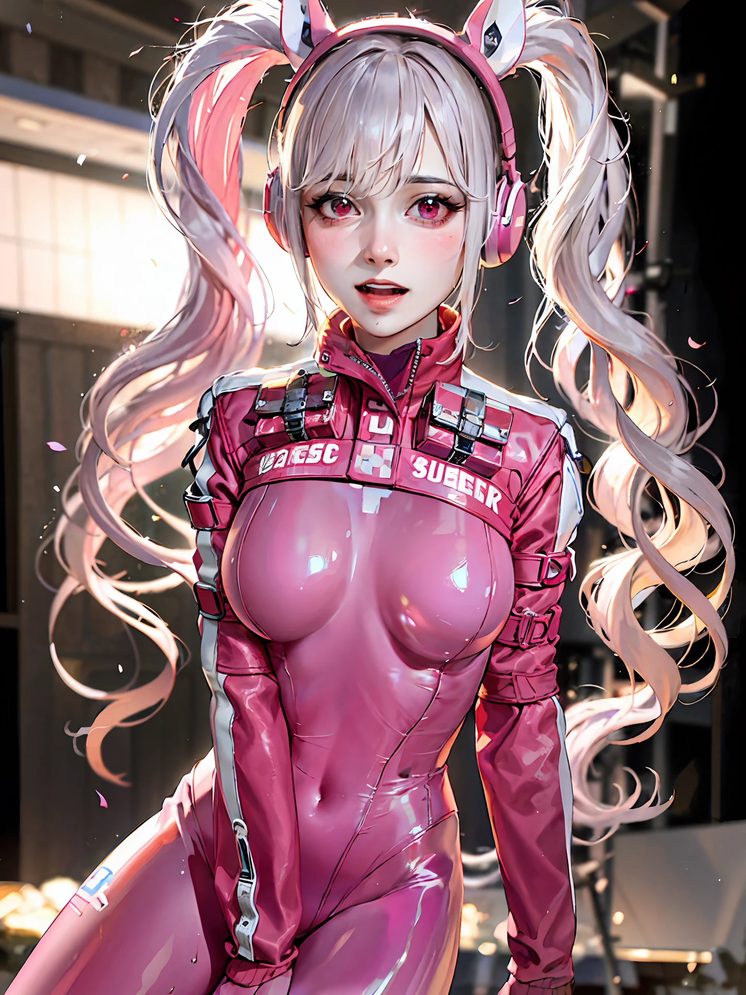 (RAW photo, best quality, mastery:1.2), (realistic, photo-realistic:1.4),(masterpiece:1.4),(best quality:1.4),1girl, solo, :d, animal ear headphones, animal ears, arms up, bangs, blush, tights, breasts, bunny pose, clothes writing, covering the navel, denim shot, Short jacket, fake animal ears, gloves, simple background, looking at the audience, hair intake, headphones, impossible tights, impossible clothes, jacket, big breasts, latex, latex jumpsuit, long hair, long sleeves, looking at the audience, colorful gloves, open mouth, pink jumpsuit, pink eyes, red eyes, red jacket, shiny clothes, shrug \(clothes\), sidelocks, skin tight, smile, thigh gap, thighs, double ponytail, very long hair, White gloves, white hair, alice (nikke), (shiny skin), realistic, soft-focus prime-time lighting, intense edge light, splash particles, intense shadows,