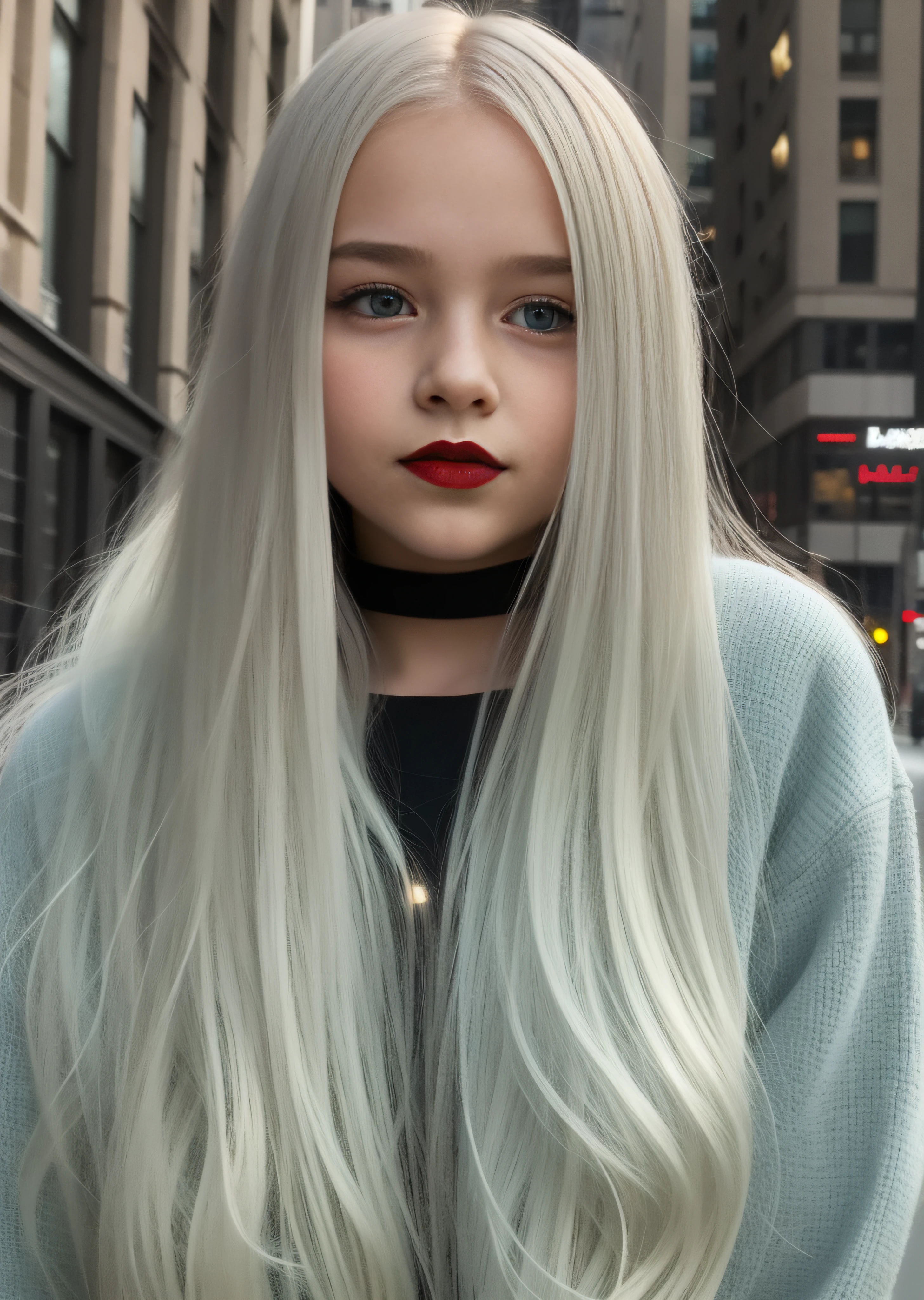 15 year old girl with long white hair and with big blue eyes tightly together horizontally to the nose, with rosy cheeks, with black jacket, black blouse, red lipstick, in 100k resolution, in a city at night full buildings illuminated with blue and red lights