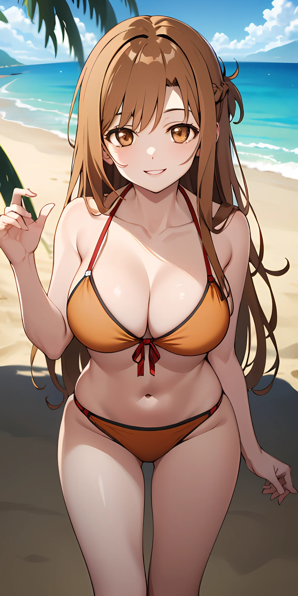 (Best quality:1.3), asuna yuuki, light brown long hair, (brown eyes:2), large round breasts, thighs, bikini, beach, smiling, (pov)