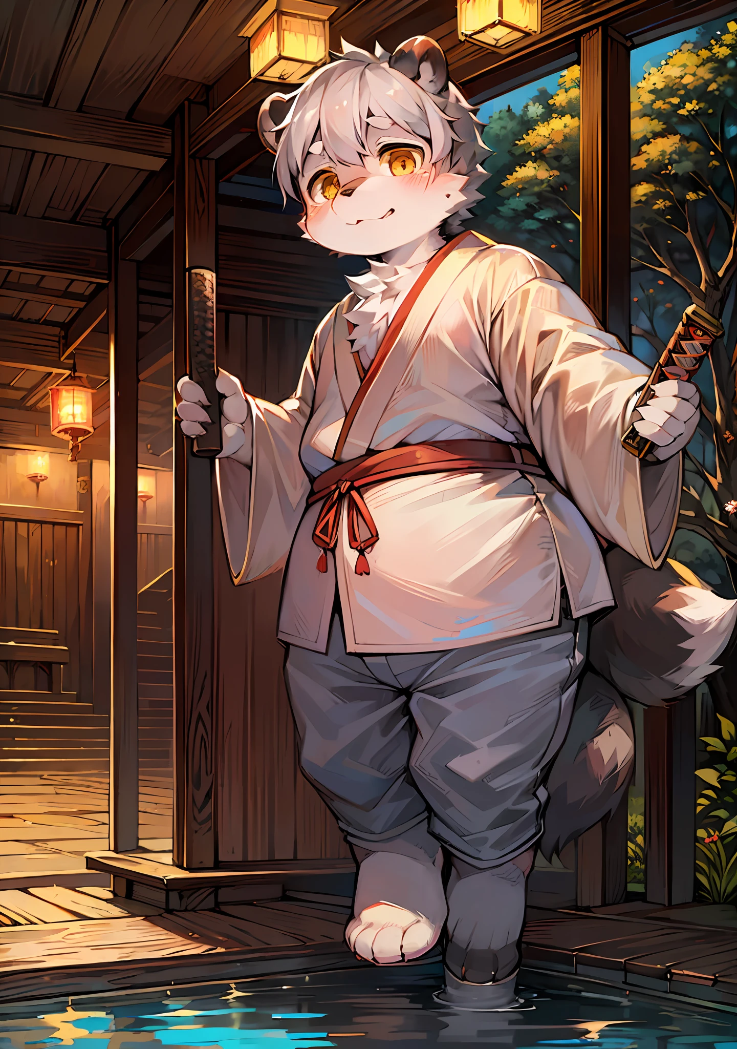 masterpiece, high quality, abstract res, digital painting\(artwork), by dagasi, yupa, kiyosan, (anthro, fluffy fur, character focus: 1.1), anthro male panda, short hair, portrait, bright eyes, panorama, Japanese garden, pool side, character focus. (Detailed background: 0.7), Solo, Furry, Furry Male, Panda, Obese, Male Focus, Anthr, (Full Body Fur, Fluffy Tail, Short Tail, White Fur, Golden Eyes, Gray Hair), (Carnivorous Bears, Samurai), White Top, White Pants, Standing, Katana in Hand