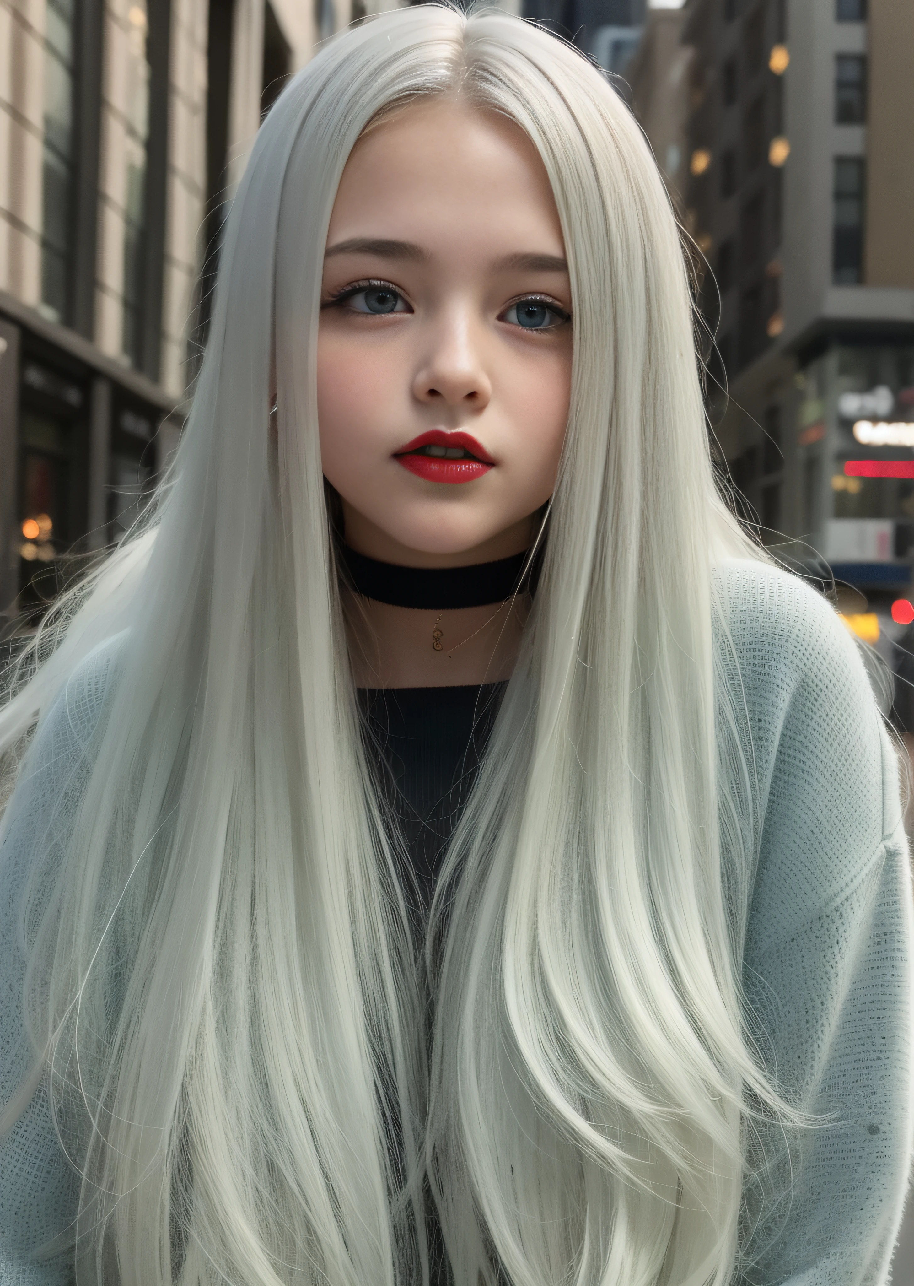  girl with long white hair and with big blue eyes tightly together horizontally to the nose, with rosy cheeks, with black jacket, black blouse, red lipstick, in 100k resolution, in a city at night full buildings illuminated with blue and red lights