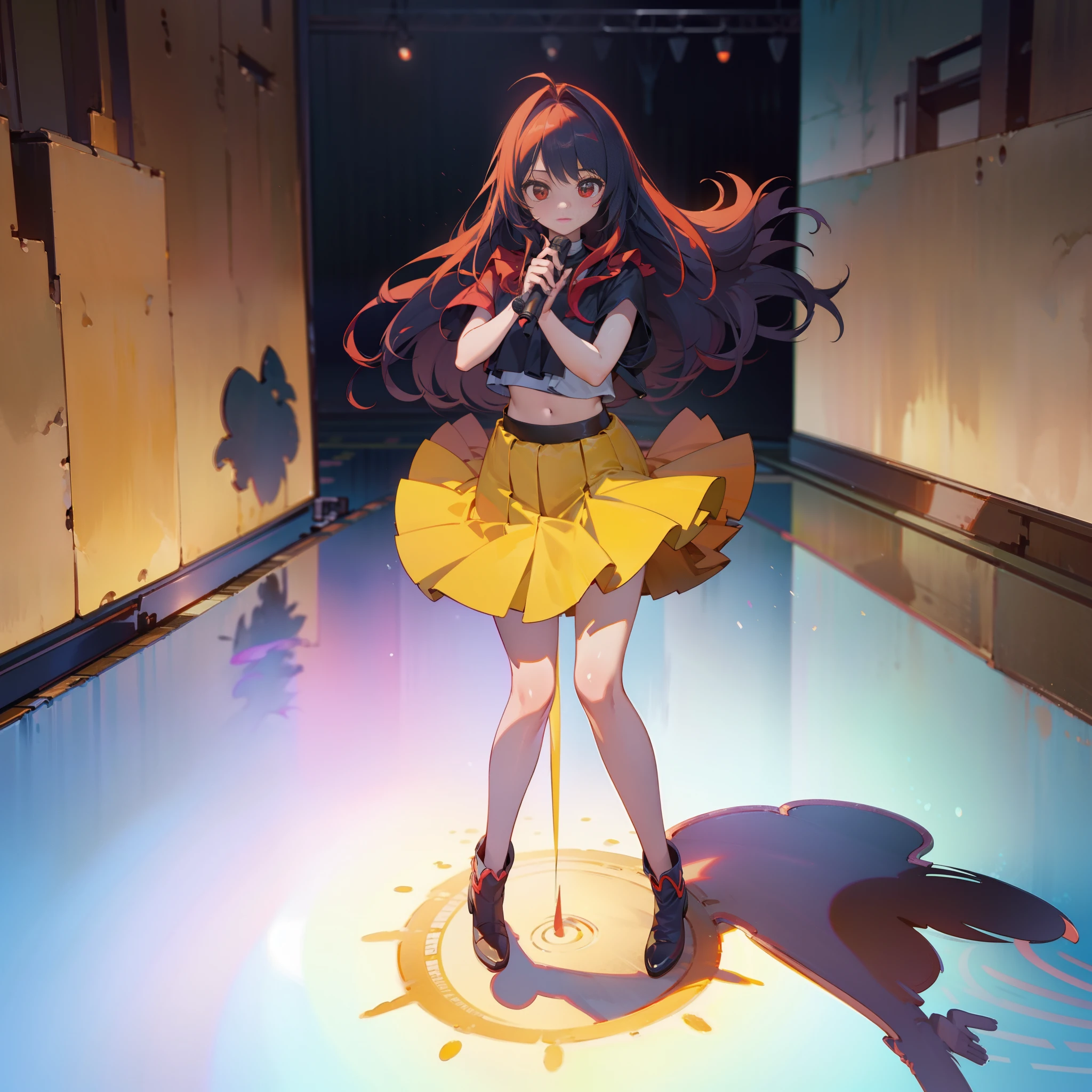 Masterpiece, best quality, (very detailed CG Unity 8k wallpaper) (best quality), (best illustration), (best shadow) (full body picture), orange long-haired girl, red eyes, yellow gorgeous skirt, idol, show, sexy, background: stage, lighting