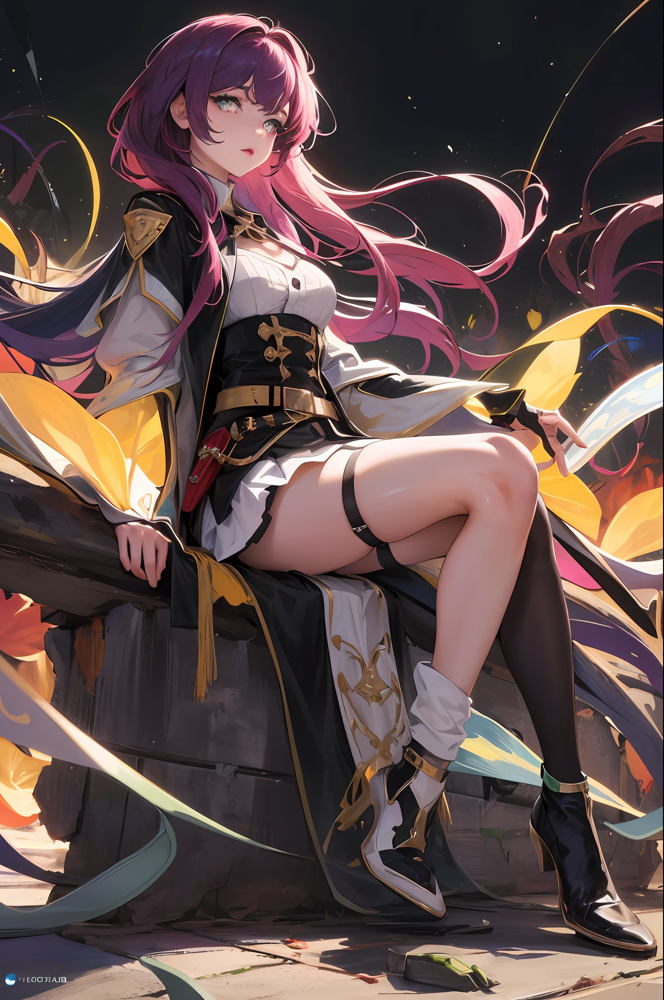1 girl, beautiful face, seductive expression, long purple hair, flowing flowing, qi bangs, blue pupils, red face, slightly open lips, white tight hip skirt (black and green lines on both sides of the skirt), black tunic belt, black stockings (length to upper knee), white booties (wrapped around the ankles), sitting with legs up, graceful sitting position, full body, front view, detailed clothing details, dynamic angle, terminal harem, realistic, edge lighting, masterpiece 8k UHD, DSLR, high quality, high resolution, 8k, bokeh, absurd, gorgeous background, sci-fi background, futuristic background, detailed background detail, masterpiece, high quality,