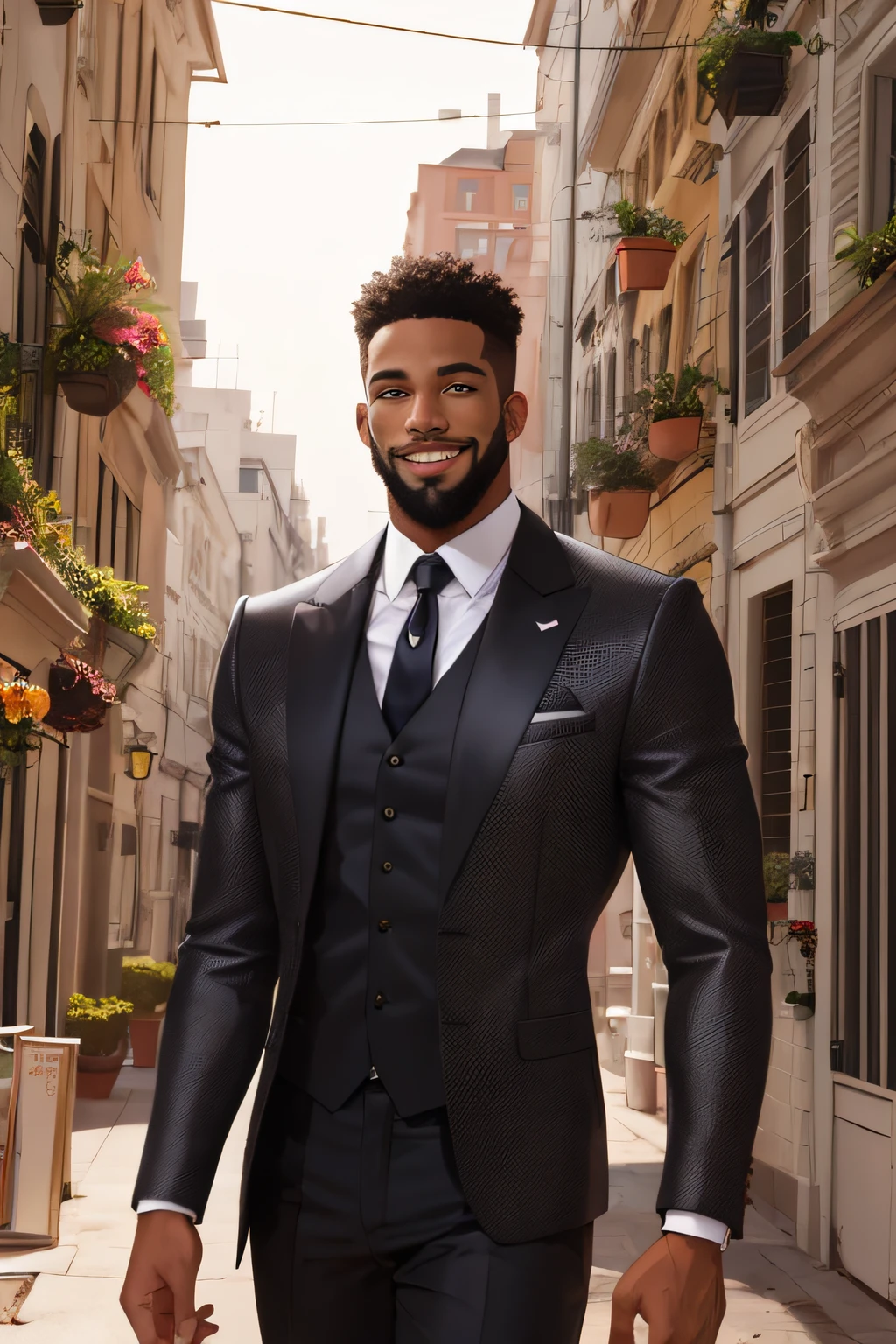 male character, black man, black suit, black, tall, beautiful beard, light brown eyes, smiling, rich
