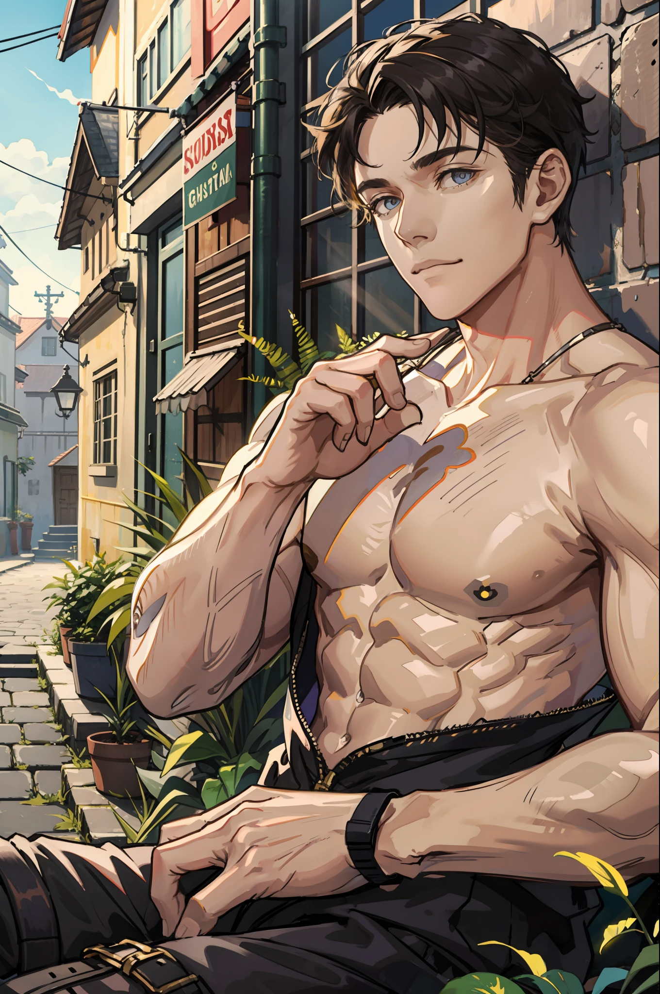 masterpiece, best quality, 1 male, adult, handsome, tall muscular guy, broad shoulders, finely detailed eyes and detailed face, extremely detailed CG unity 8k wallpaper, intricate details, best ratio four finger and one thumb, best light and shadow, background is back alley, detasiled sunlight, sitting, Little cats are gathered next to him, dappled sunlight, day, plants, summer, depth of field