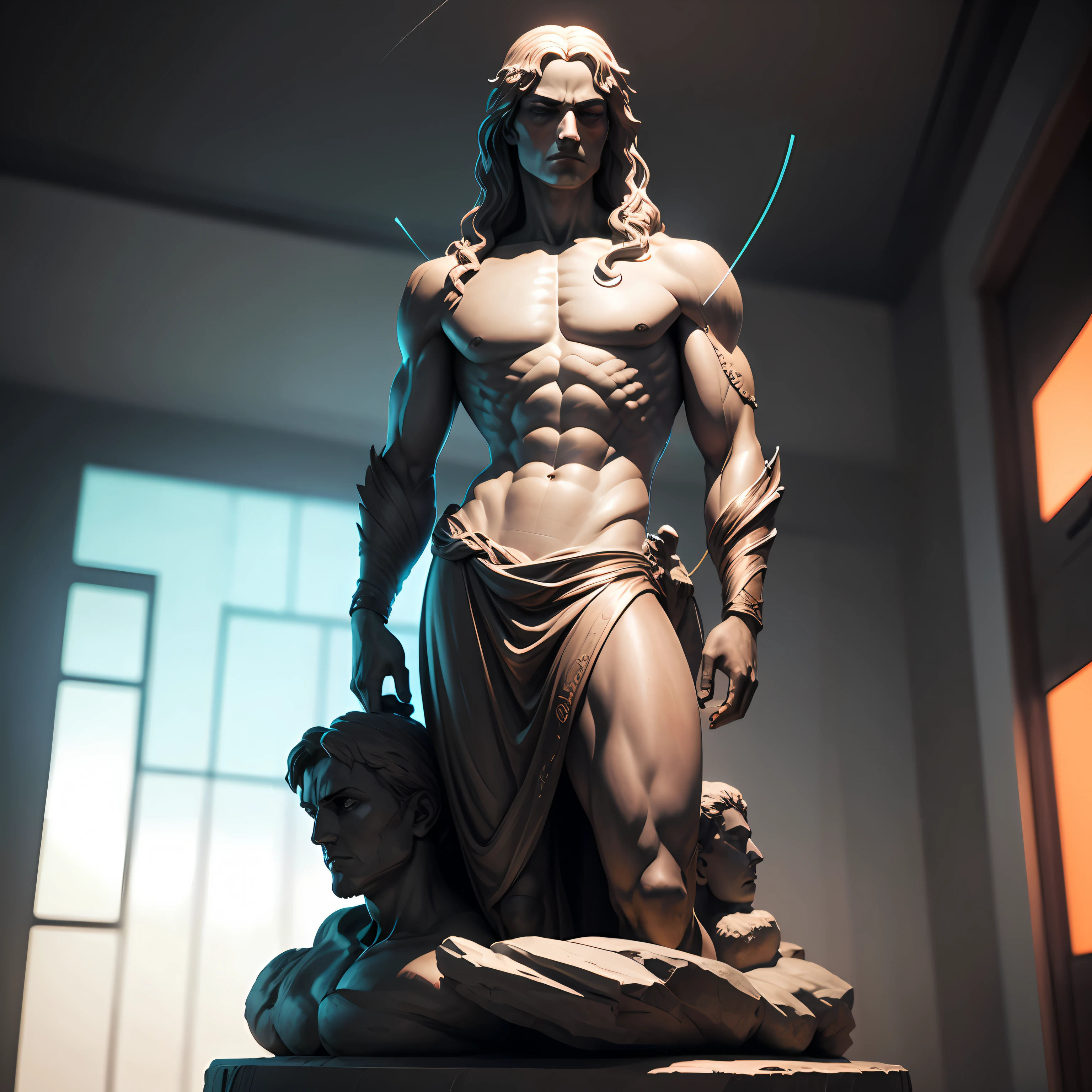 Close-up of a statue with lines sticking out of it by Leonardo da Vinci, Roman neon, Stoic attitude, holography, octane rendering --auto