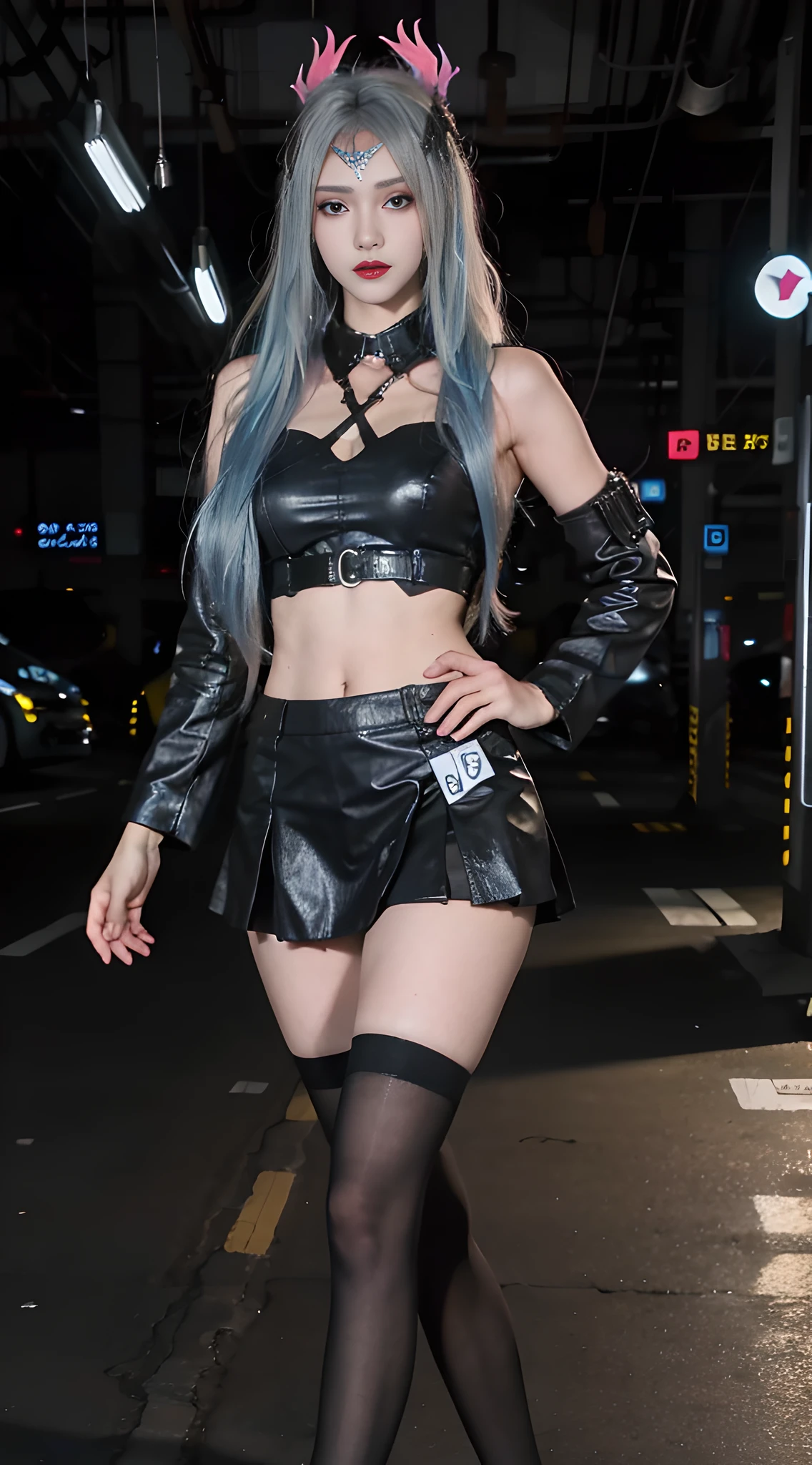 ((Best Quality)), ((Masterpiece)), (HD:1.3), 3D, Beautiful (Cyberpunk:1.3) Colored hair, tights, short skirt, black clothes looking at camera, young, hacker woman exposed, sticking out,, seduction, hips, crotch, white liquid on top, new Tokyo