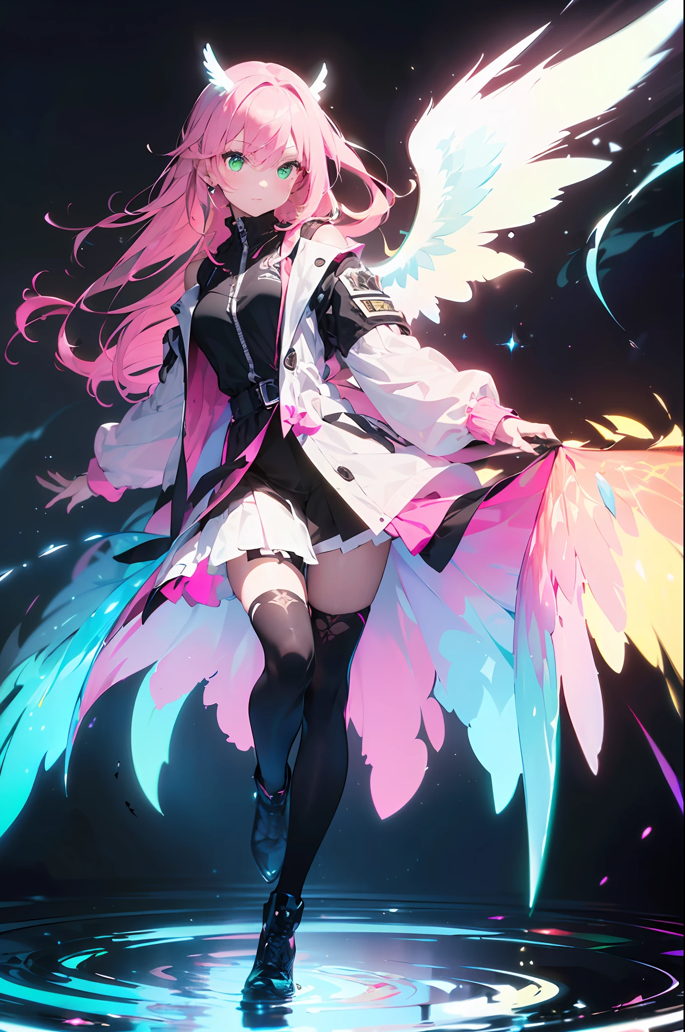 (masterpiece), (super detailed, top quality, high resolution, 8k wallpapers, beautiful clothes)) Full body (1 girl) ((pink hair, long hair, straight hair, two side up)) (green eyes), eyeshadow, eyeliner, glowing eyes, ultra-detailed eyes, complex eyes, beautiful eyes, (Glowing pink pupil))) 18 year old girl. She wears a transparent jaket made of PVC material. Shoulder exposure,(high contrast RGB effect, LED color,angel wing), ((high contrast RGB effect, LED effect, kaleidoscope effect, shining effect, ripple effect, glitter RGB effect)) (black background: 1.5)