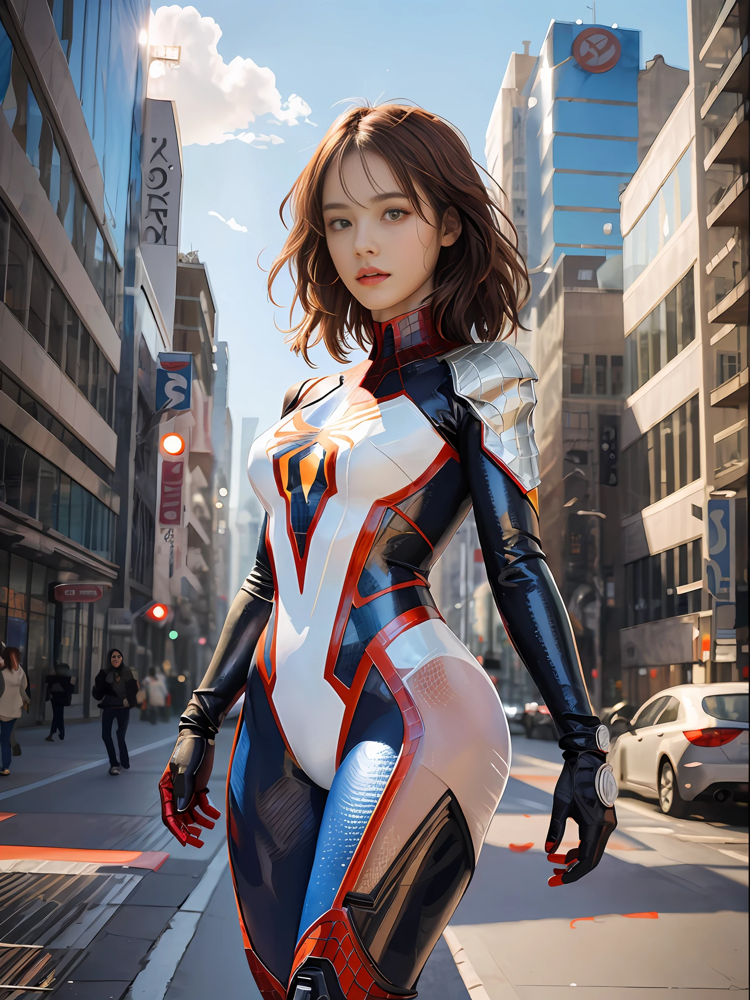 (1girl:1.3), solo, __body-parts__, official art, unified 8k wallpaper, super detailed, beautiful and aesthetic, beautiful, masterpiece, best quality, raw, masterpiece, super fine photo, best quality, super high resolution, photorealistic realism, sunlight, full body portrait, short shoulder-length brown hair, amazing beauty, dynamic pose, delicate face, vibrant eyes, (seen from the front), she is wearing a full body steel Spider-man suit, spider, detailed face, Detailed complex busy background, messy, gorgeous, milky white, highly detailed skin, realistic skin details, visible pores, sharp focus, volumetric fog, 8k UHD, DSLR, high quality, film grain, fair skin, photo realism, lomography, ruins of futuristic cities, translucent