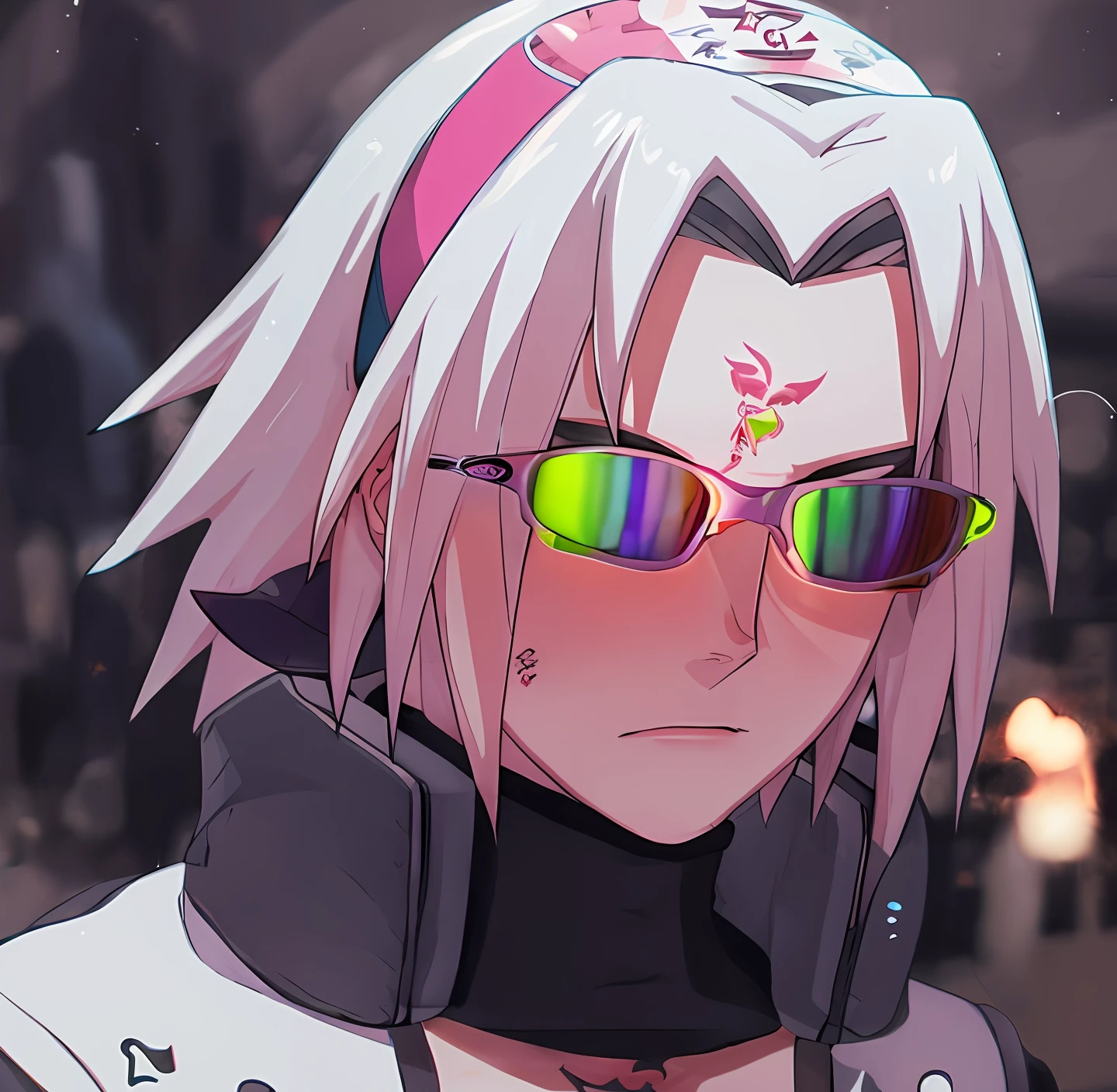 Anime character woman, with light pink hair, with tattoos and reflective Oakley glasses, 2D anime style, anime aesthetic, Sakura from Naruto anime, light white skin, add a tattoo on the cheek.