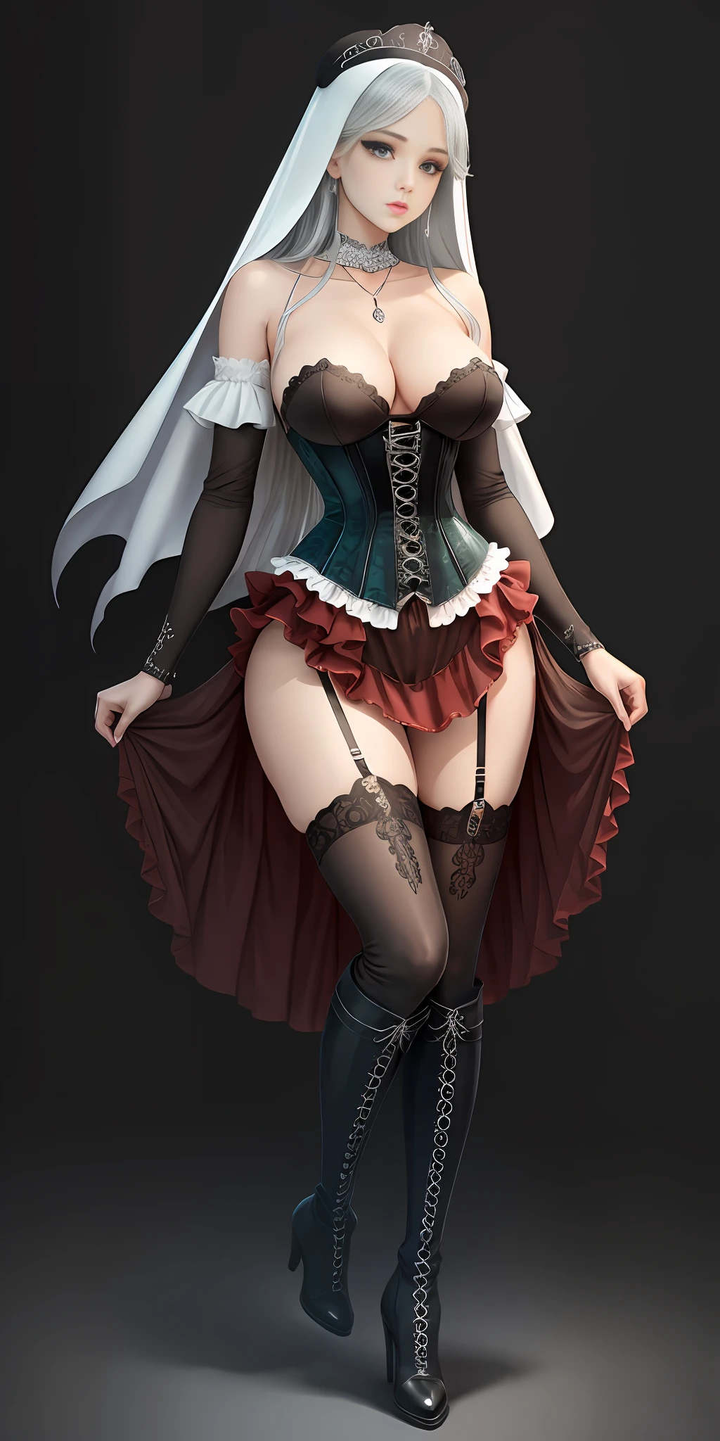 [Black: aqua green: 0.65] theme, masterpiece, girly masterpiece, detailed visual art, blue eyes, silver hair, long hair, collarbone, queen, mature, elegant, gorgeous nun dress, corset piercing, detailed layered skirt, [detailed frills: 0.1], [frilled dress: 0.1], embroidery, [detail skirt: 0.1], bare shoulders, bare breasts: 1.3, open crotch, thigh seams, groin, no panties, high heeled over-the-knee boots, [NSFW|uncensored], (Simple background: 1.1), low wing, full body