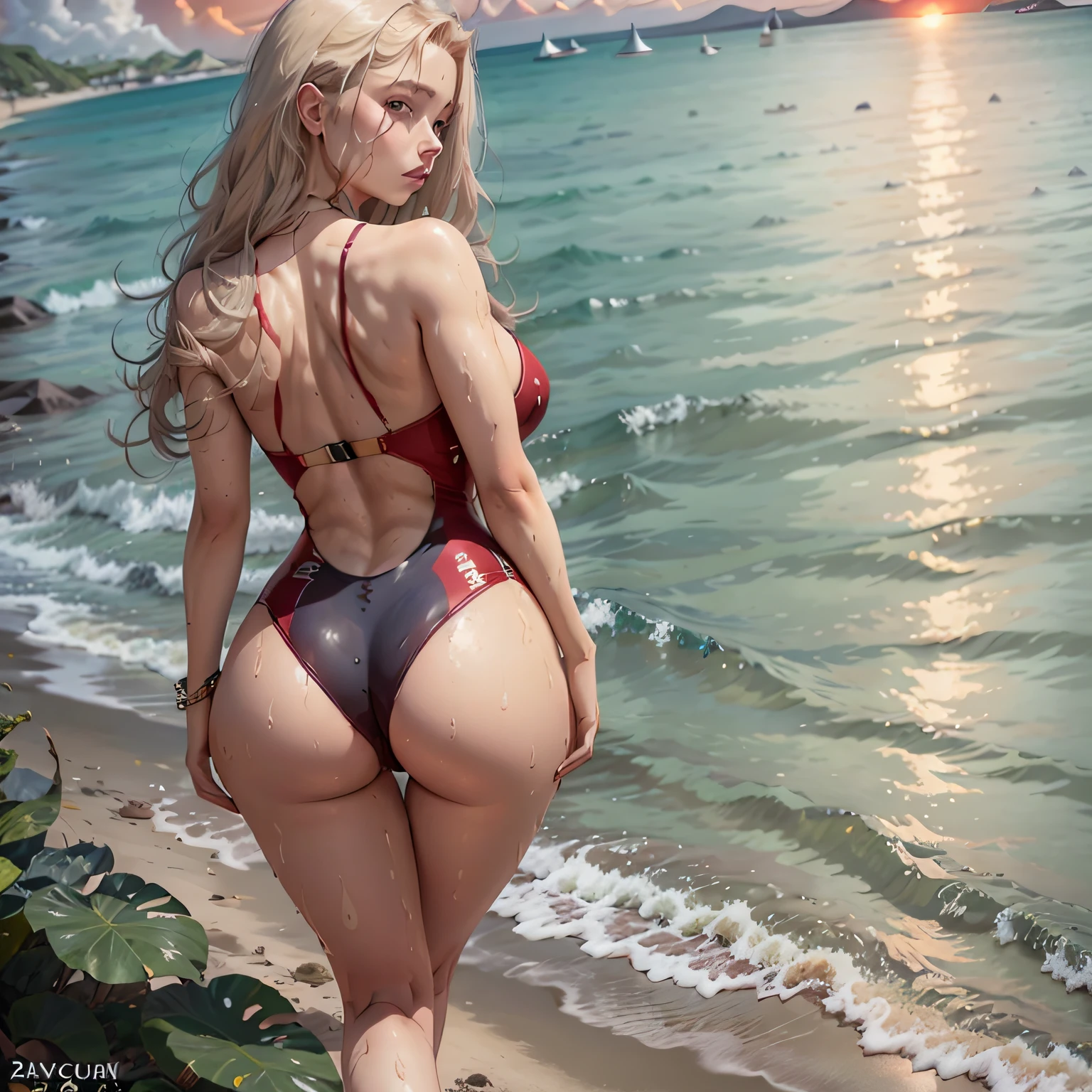 Baywatch, young blonde, 20 years old, breasts:1.2, red one-piece swimsuit, thin eyes and pale blue, beach, wet: 1.5, back, beautiful Caucasian girl on beach, sunset, red sunset sky, full body