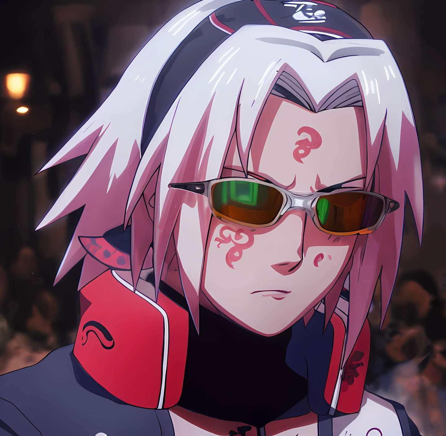 anime character woman, with light pink hair, with tattoos and reflective Oakley glasses, 2D anime style, anime aesthetic, Sakura from Naruto anime, light white skin.