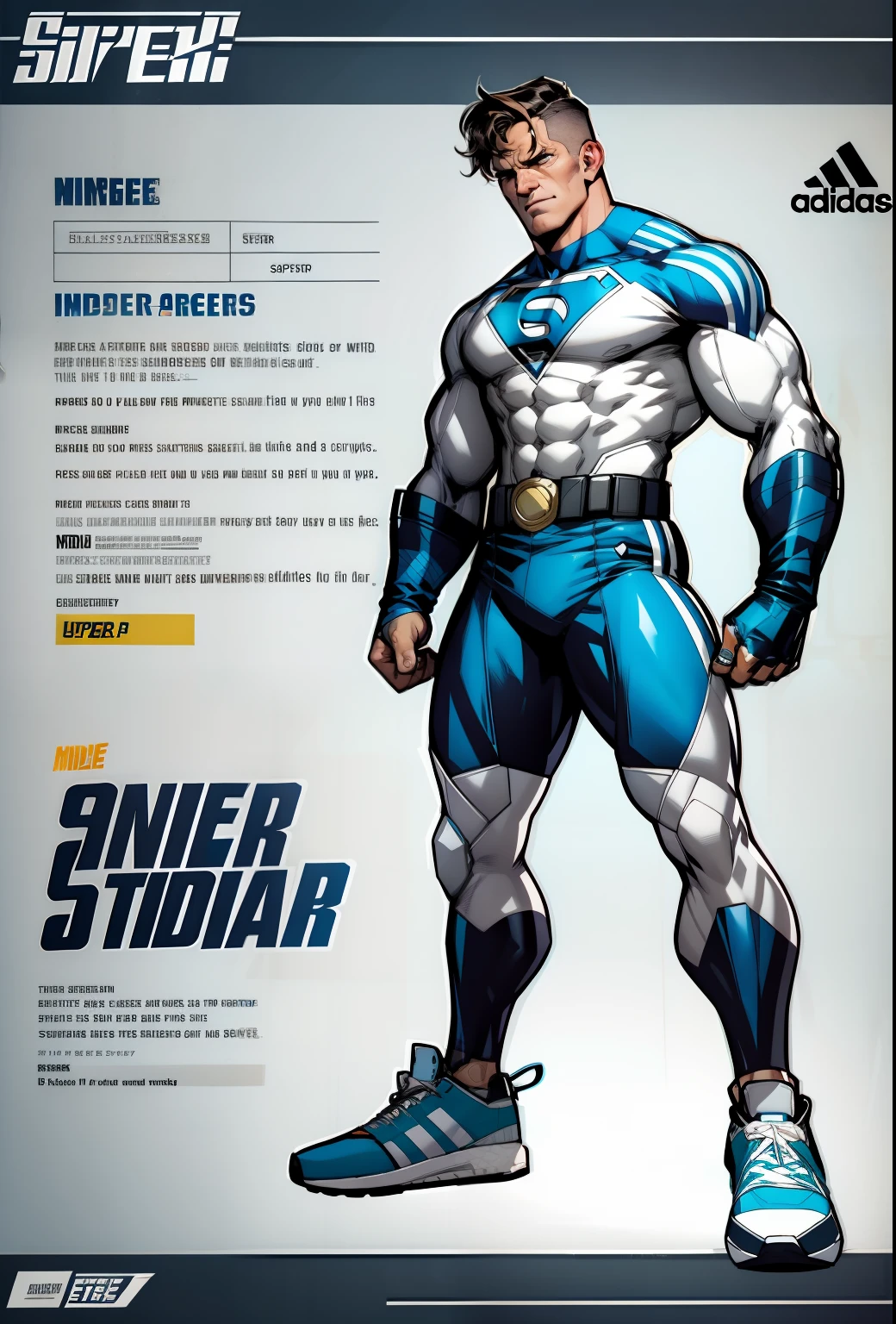A midle aged super hero wearing a Adidas uniform