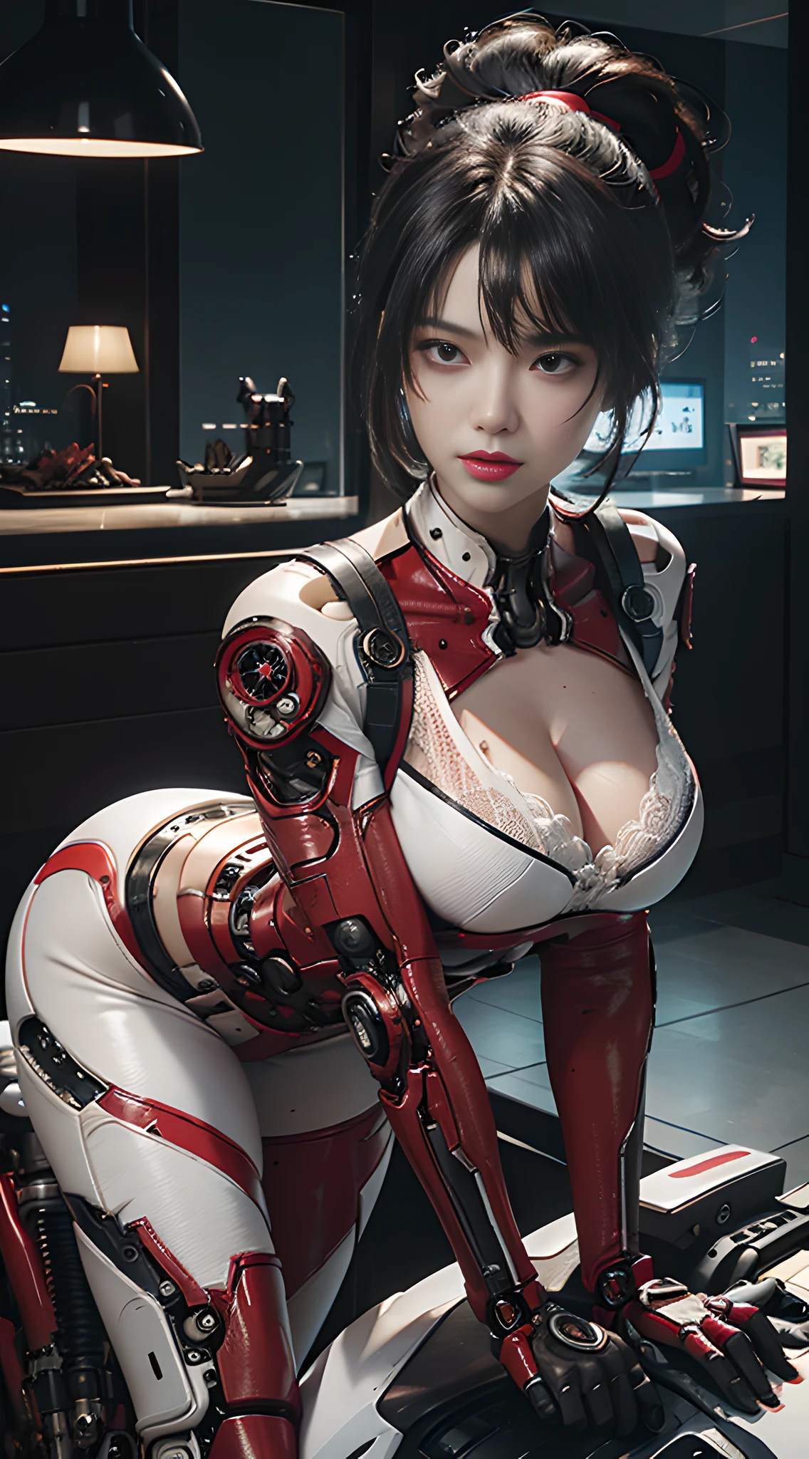 Highest quality, outstanding details, super high resolution, (realism: 1.4), best illustrations, favor details, close-up, a mecha girl with a delicate and beautiful face, ((red and white semi-mechanical body: 1.8)), (big breasts: 1.2), sexy, cleavage, riding on a motorcycle, cyberpunk, futuristic, mechanical aesthetics, complex machinery, high-tech lighting scene of futuristic city, virtual engine 5, perfect detail rendering, octane rendering, ultra high-definition, full body
