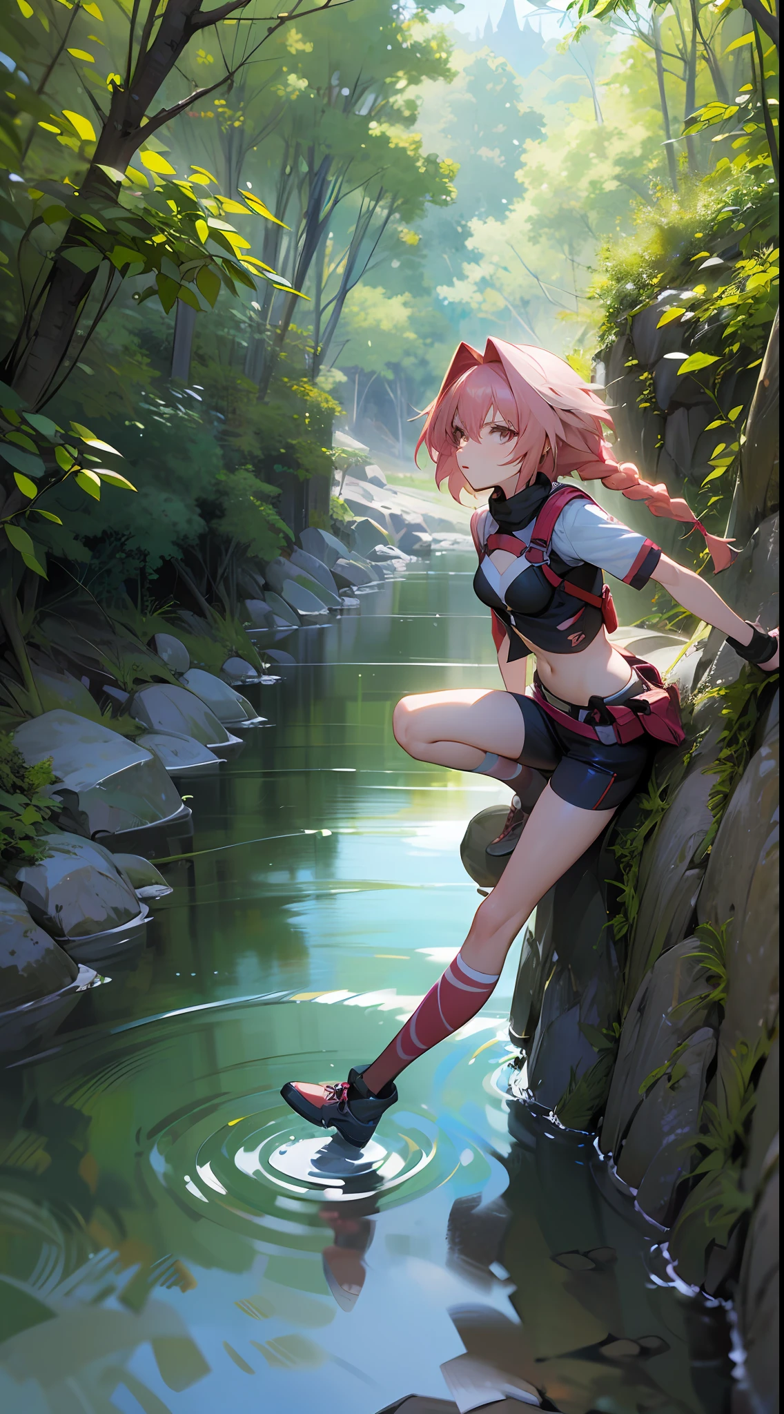 Top quality, detail, 8K, 4K, high definition, detail, astolfo, FGO, woman, athletic, flat breasts, long braids, hiking, river in climbing,